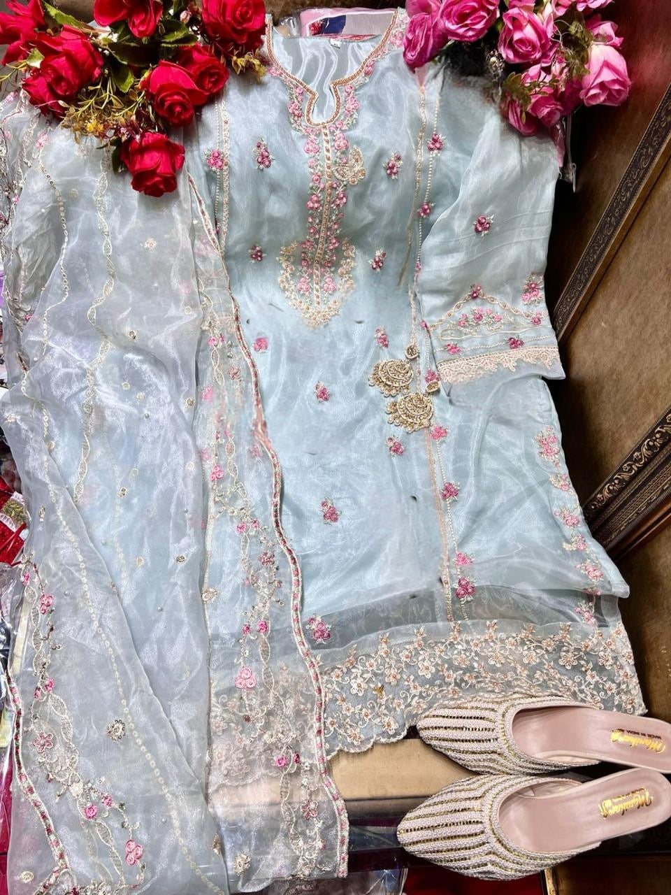 Organza embroidered suit-pastel blue