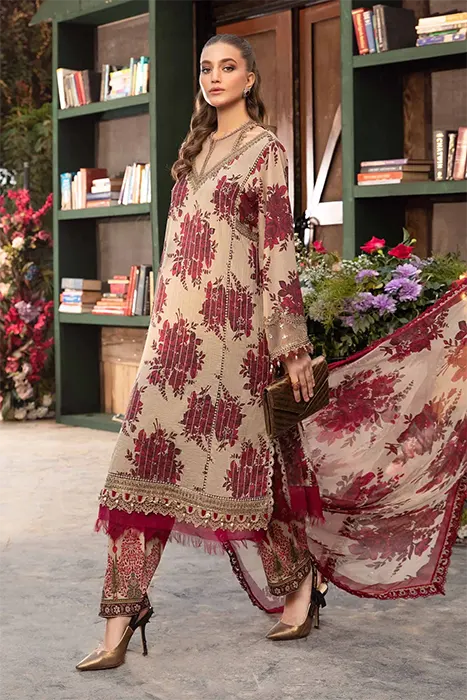 Fully embroidered floral suit with chiffon dupatta-3456