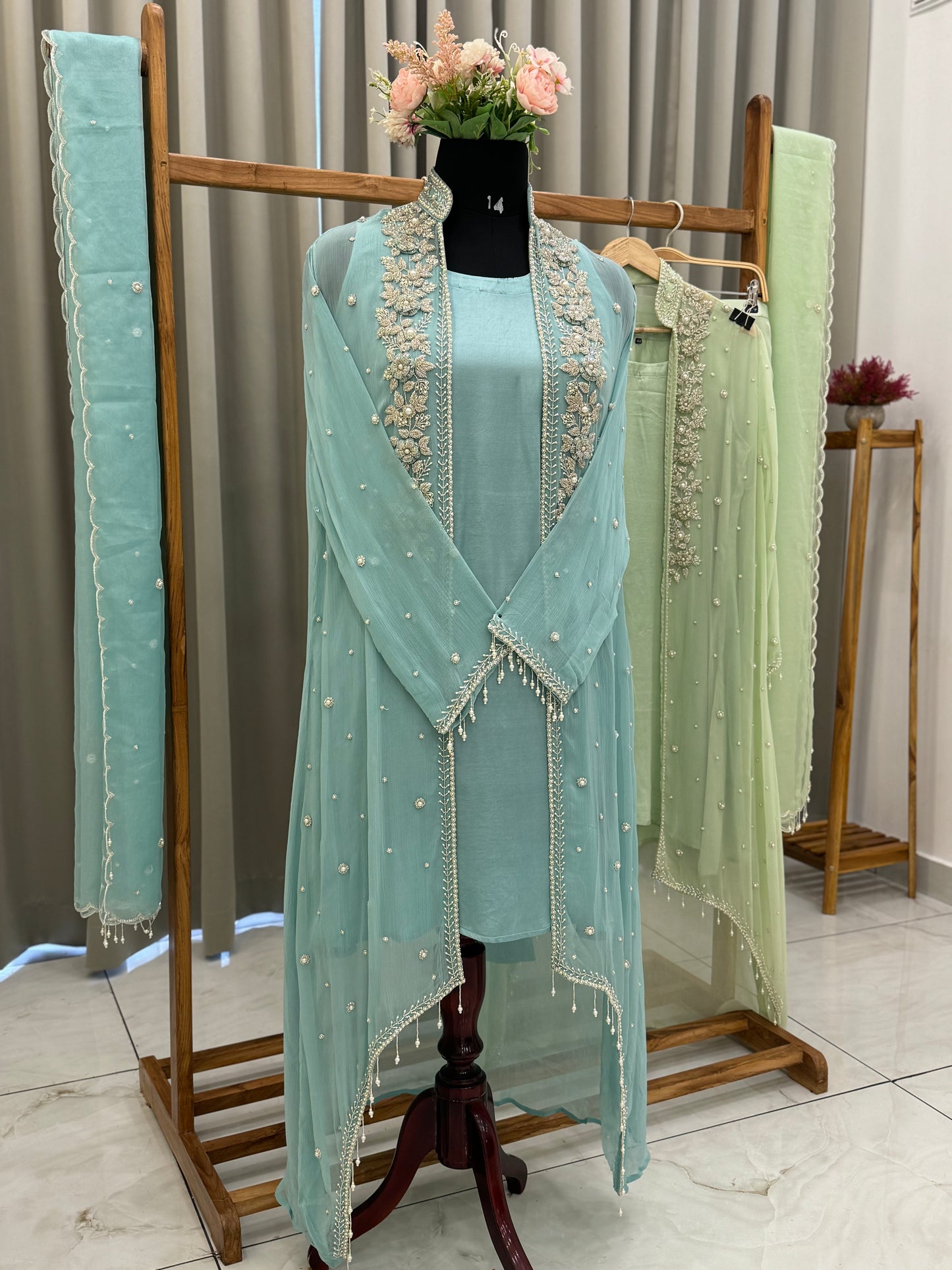 Premium Chiffon handworked jacket style with scalloped organza dupatta