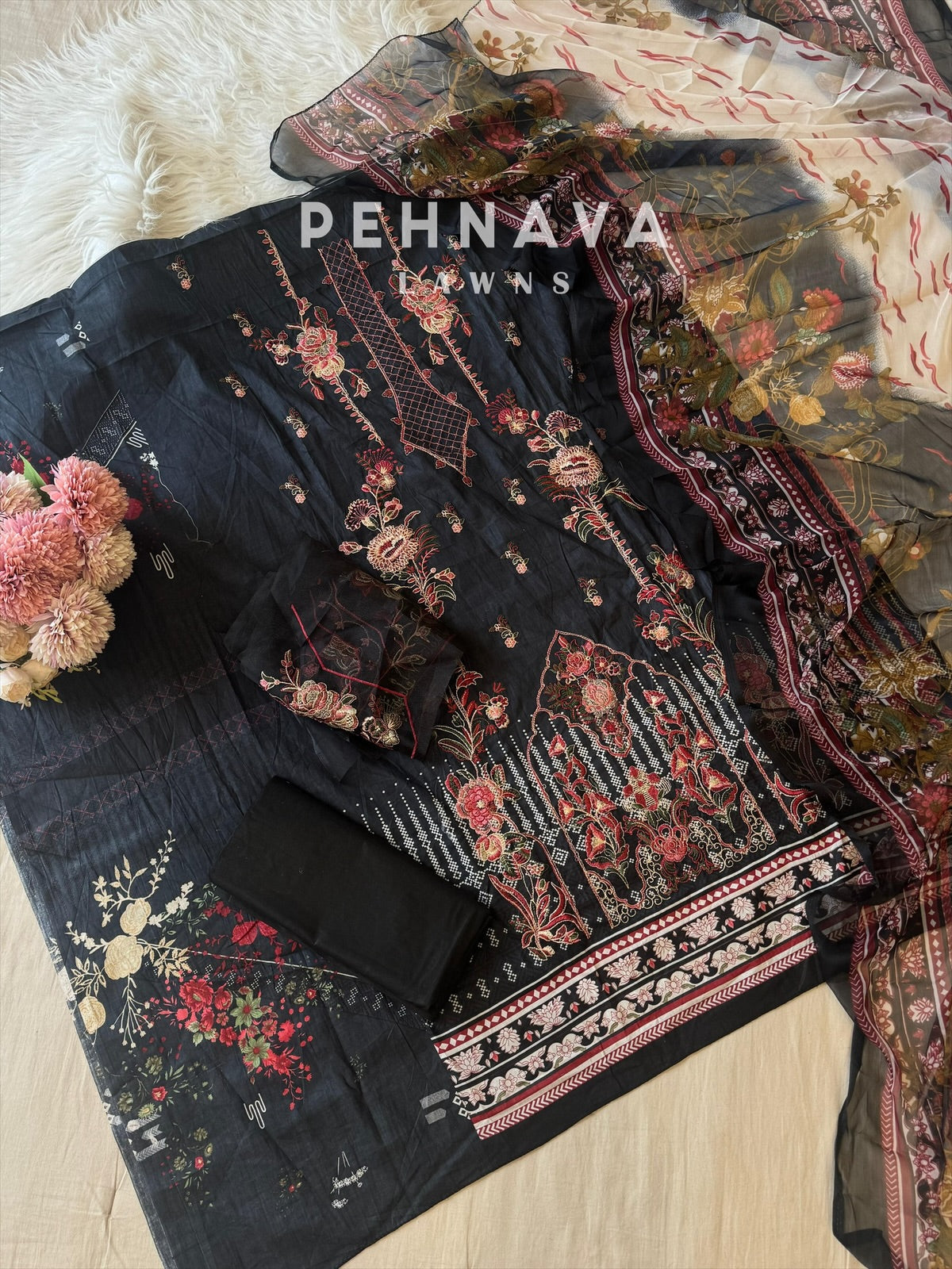 Cotton Embroidered Suit with Chiffon Dupatta-9044