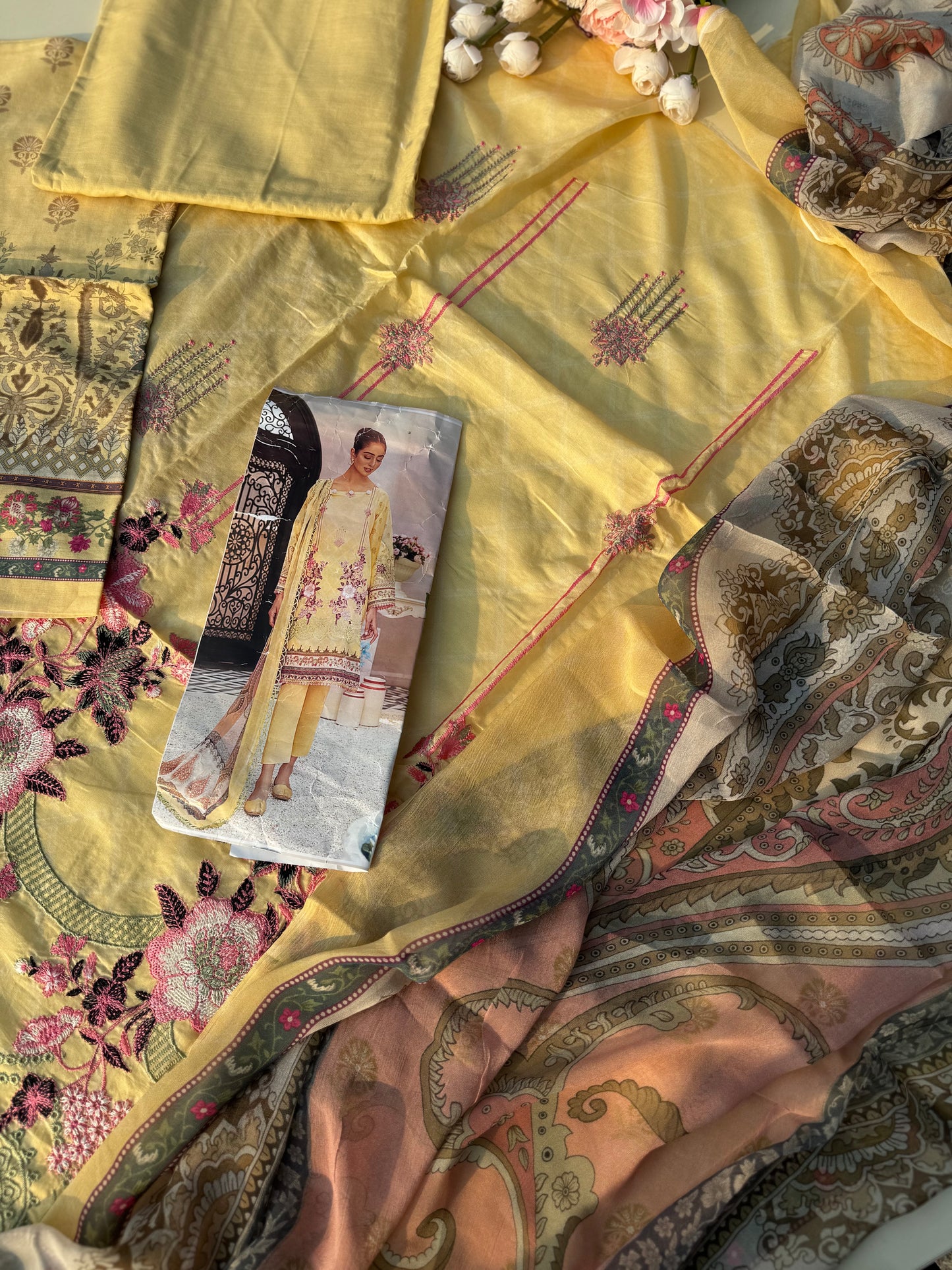 Pure lawn suit with full size chiffon dupatta-yellow