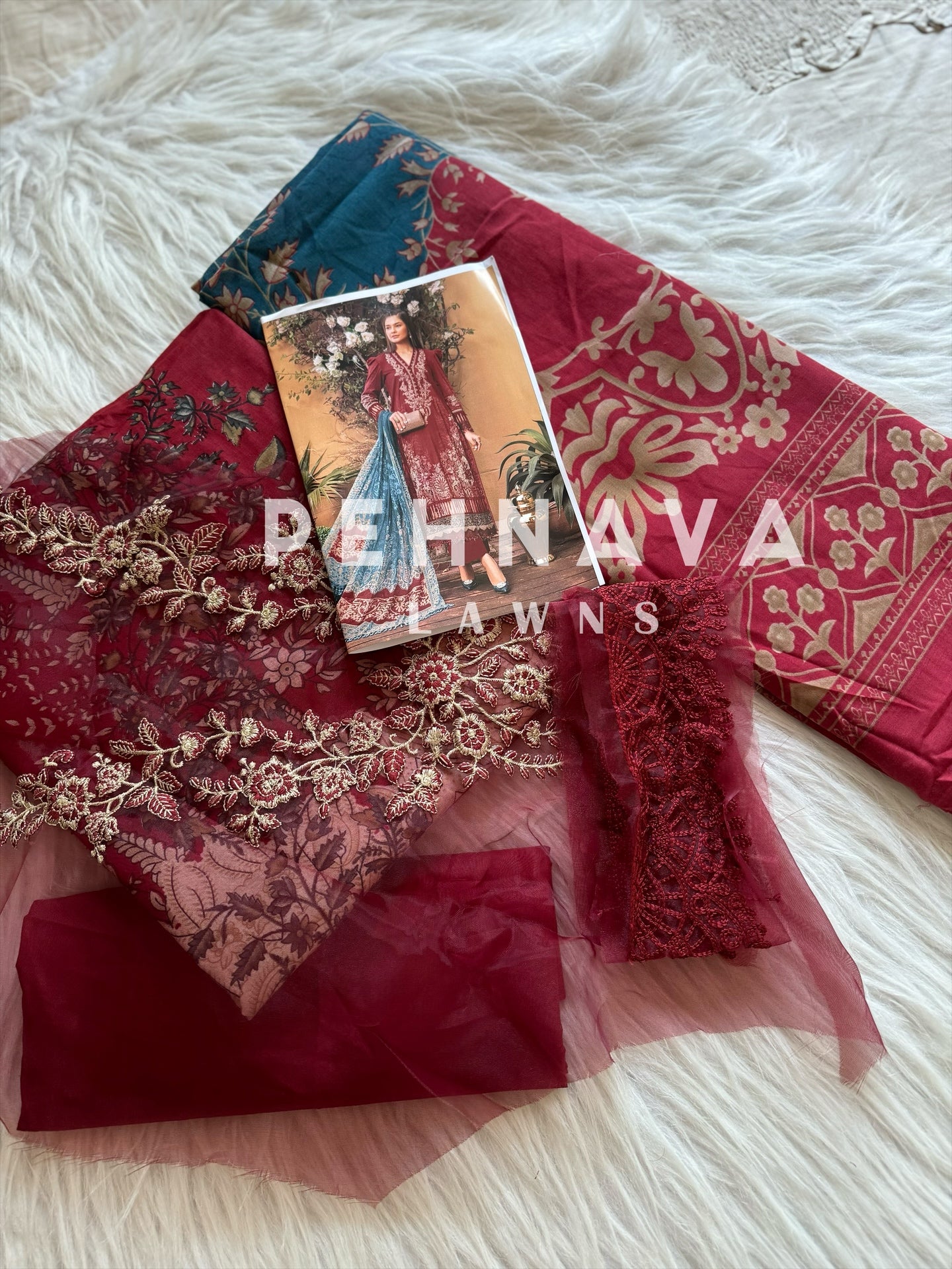 Printed casual suit with chiffon dupatta-1004 maroon