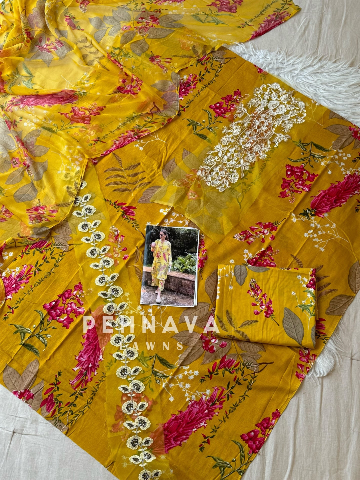 Printed casual suit with chiffon dupatta-fr yellow