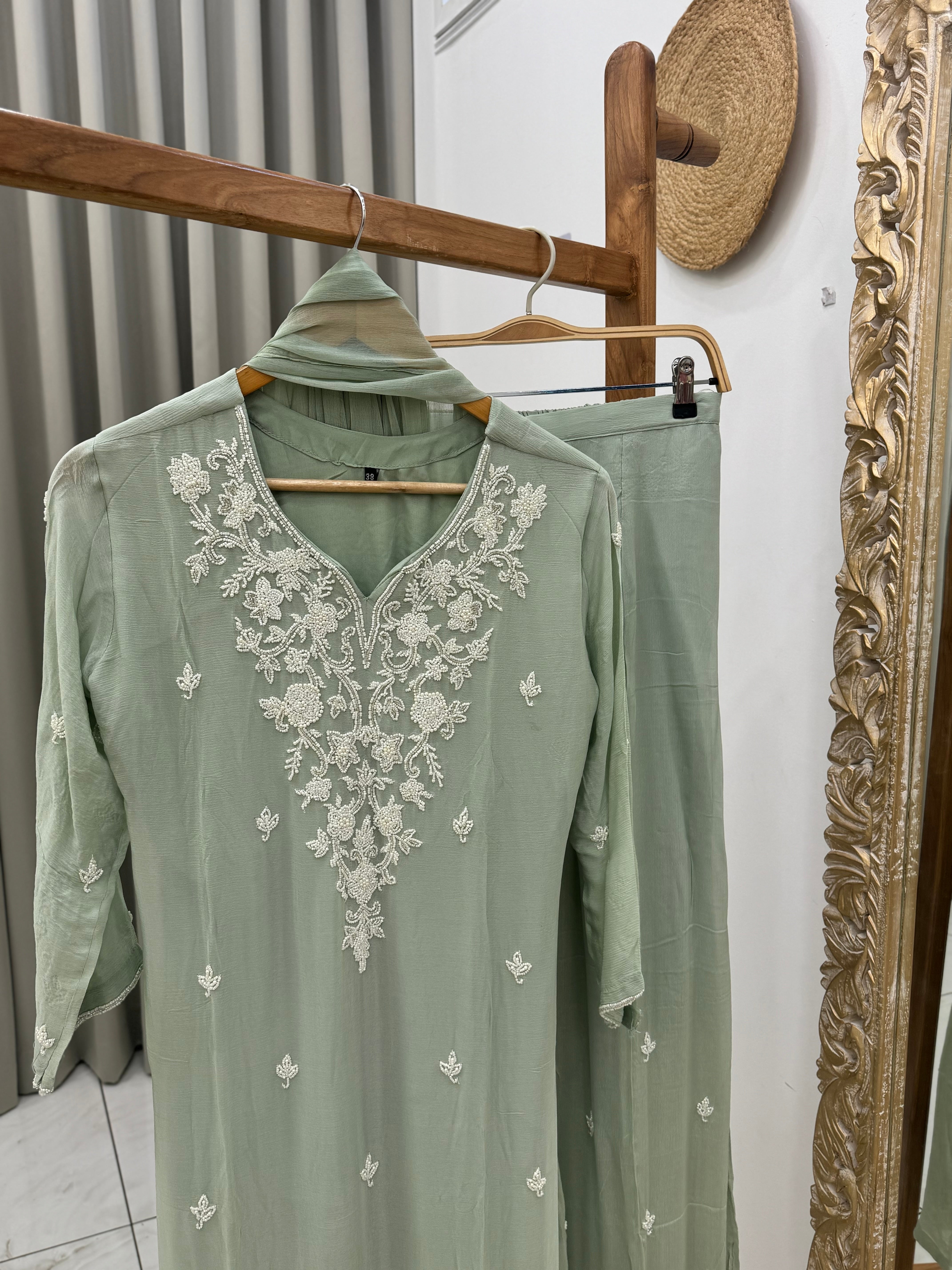 Chinnon pearl work suit-with embroidered wide palazzo