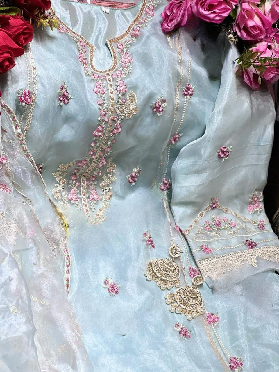 Organza embroidered suit-pastel blue