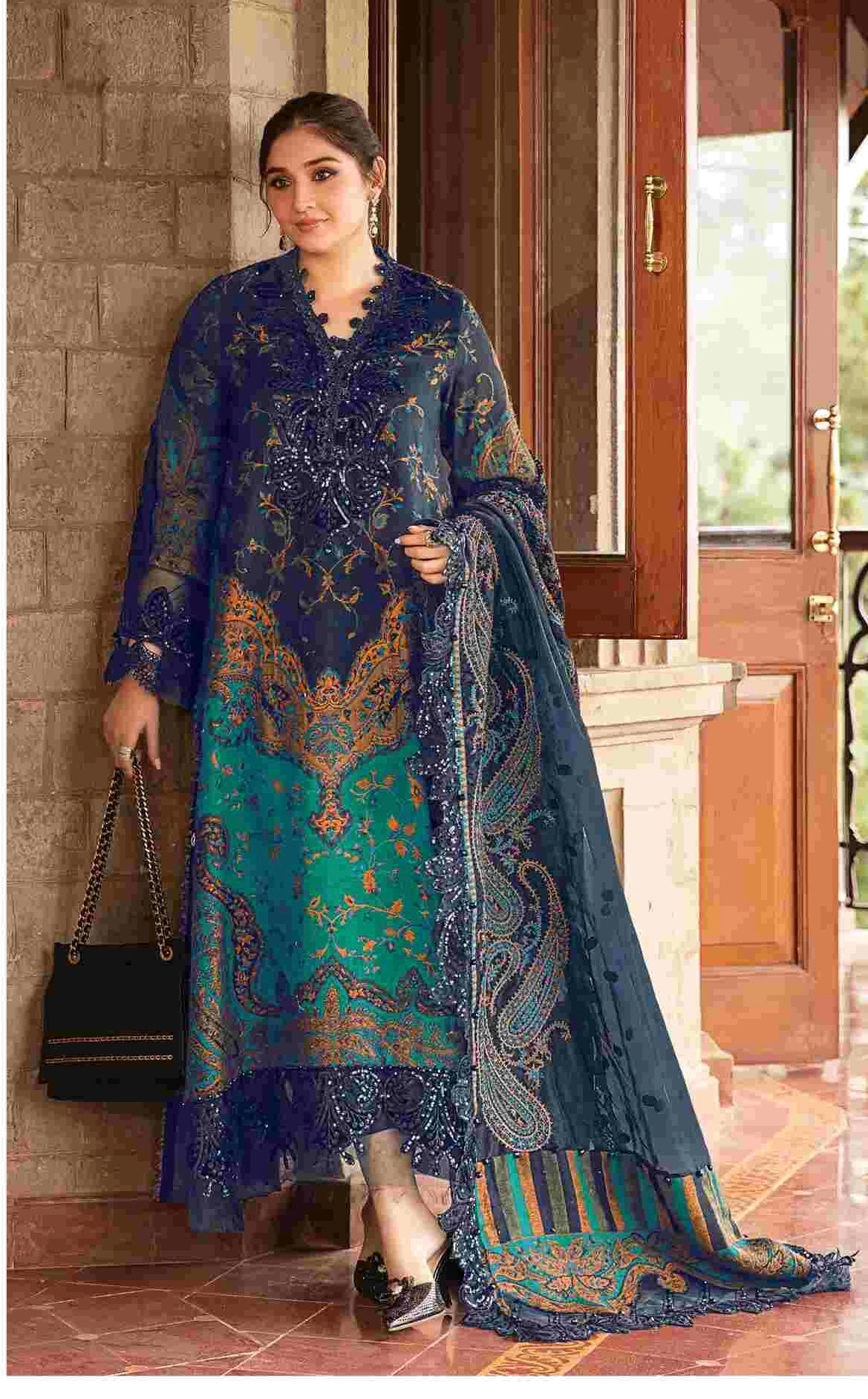 Blue pakistani printed casual suit-1144