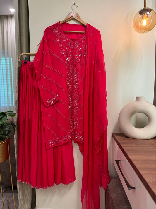 Premium chinnon handwork semi-stitched suit-hot pink