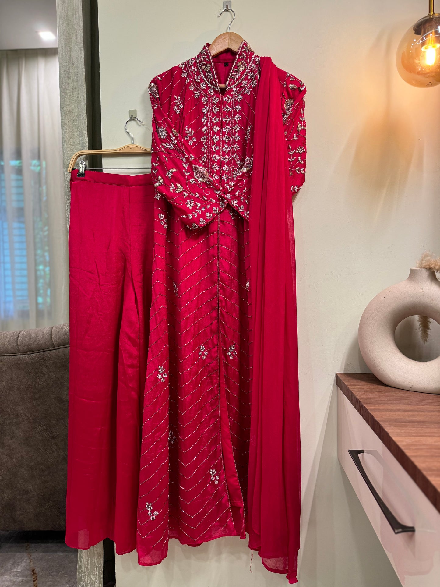 chinnon ready to wear  front open gown with hand work detailings-hot pink