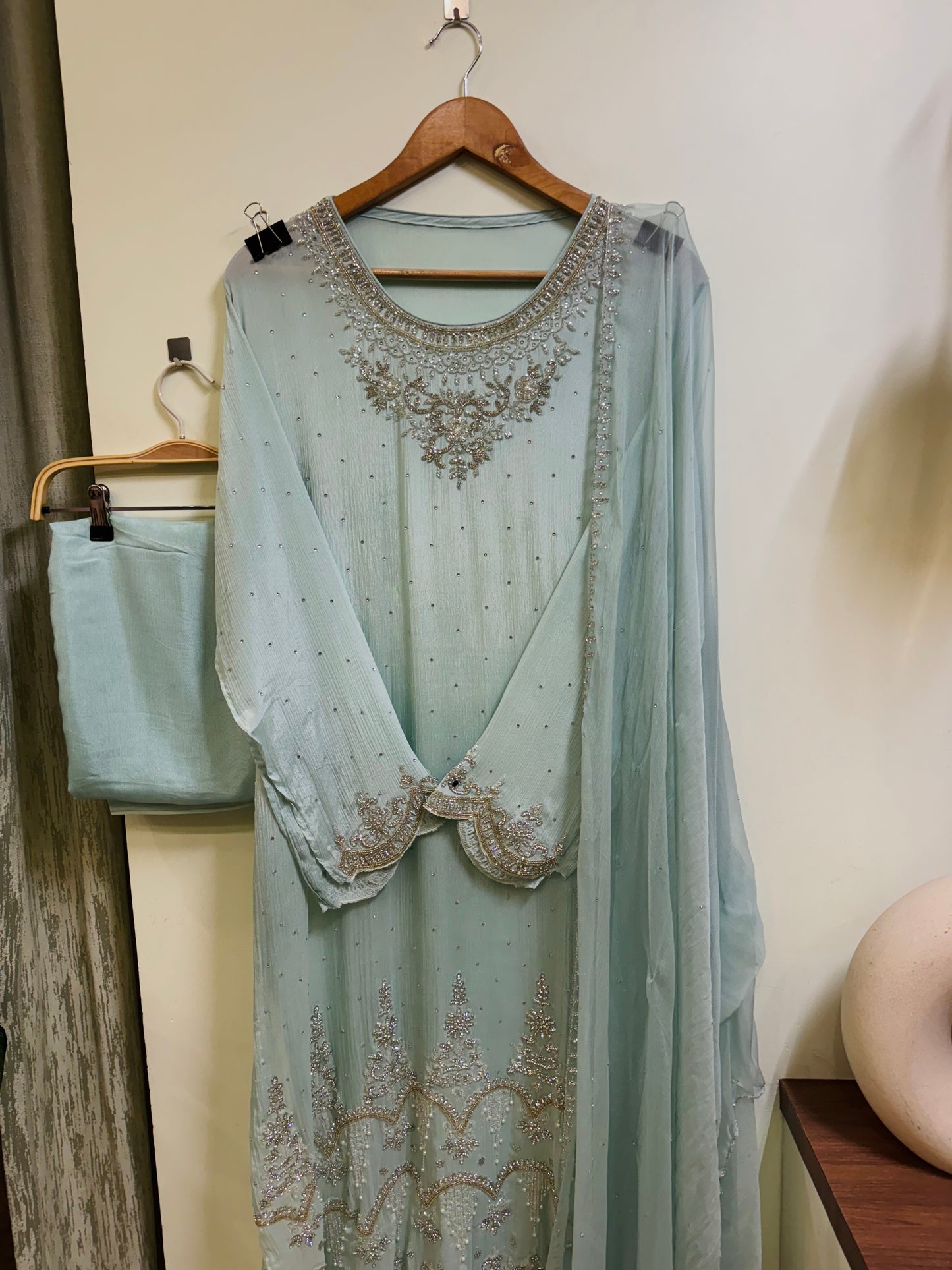 Premium chiffon handwork semi-stitched suit-pastel green