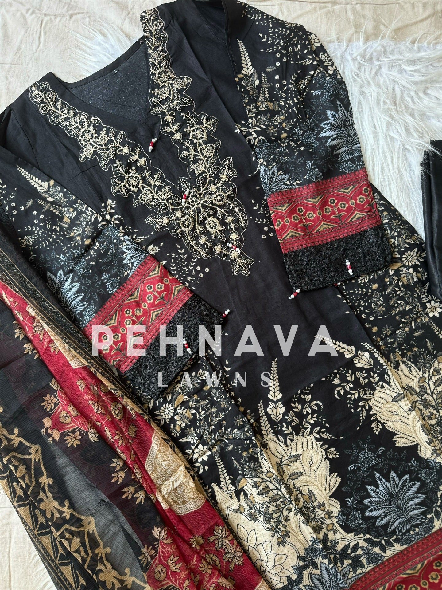 Printed cotton suit with chiffon dupatta-1004