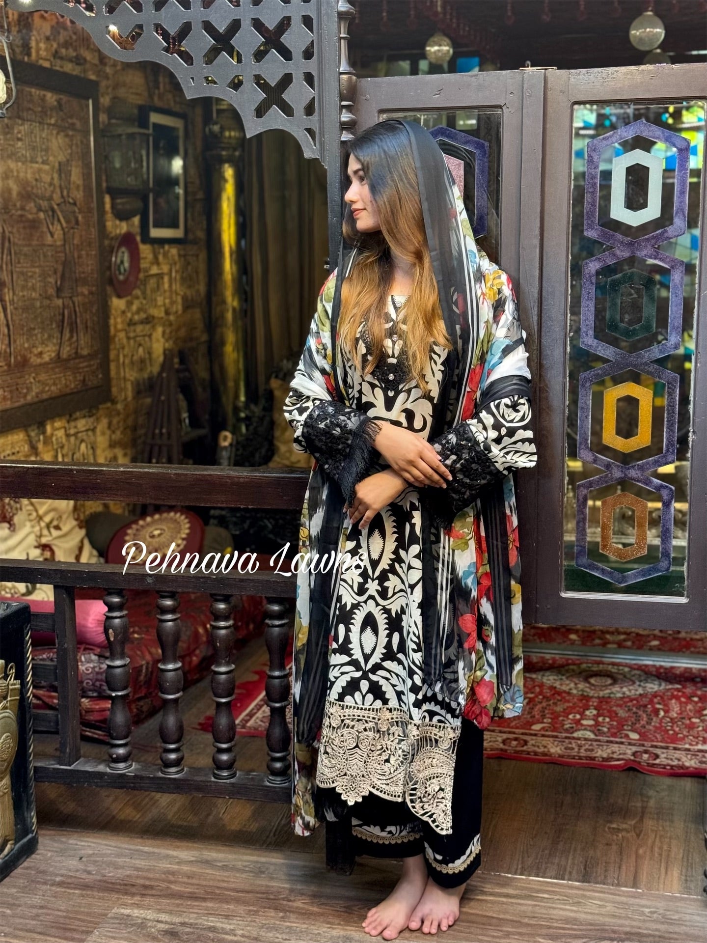 Printed casual suit with chiffon dupatta-AL