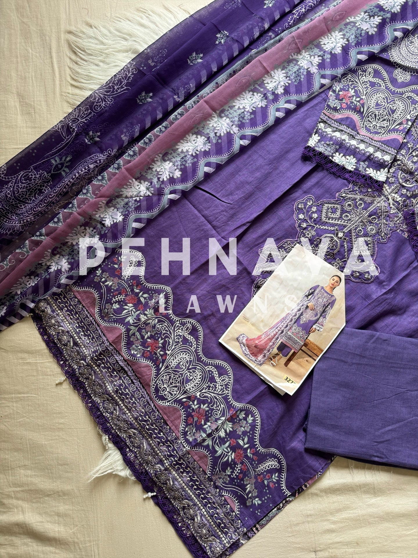 Embroidered cotton suit with chiffon dupatta -violet 3275