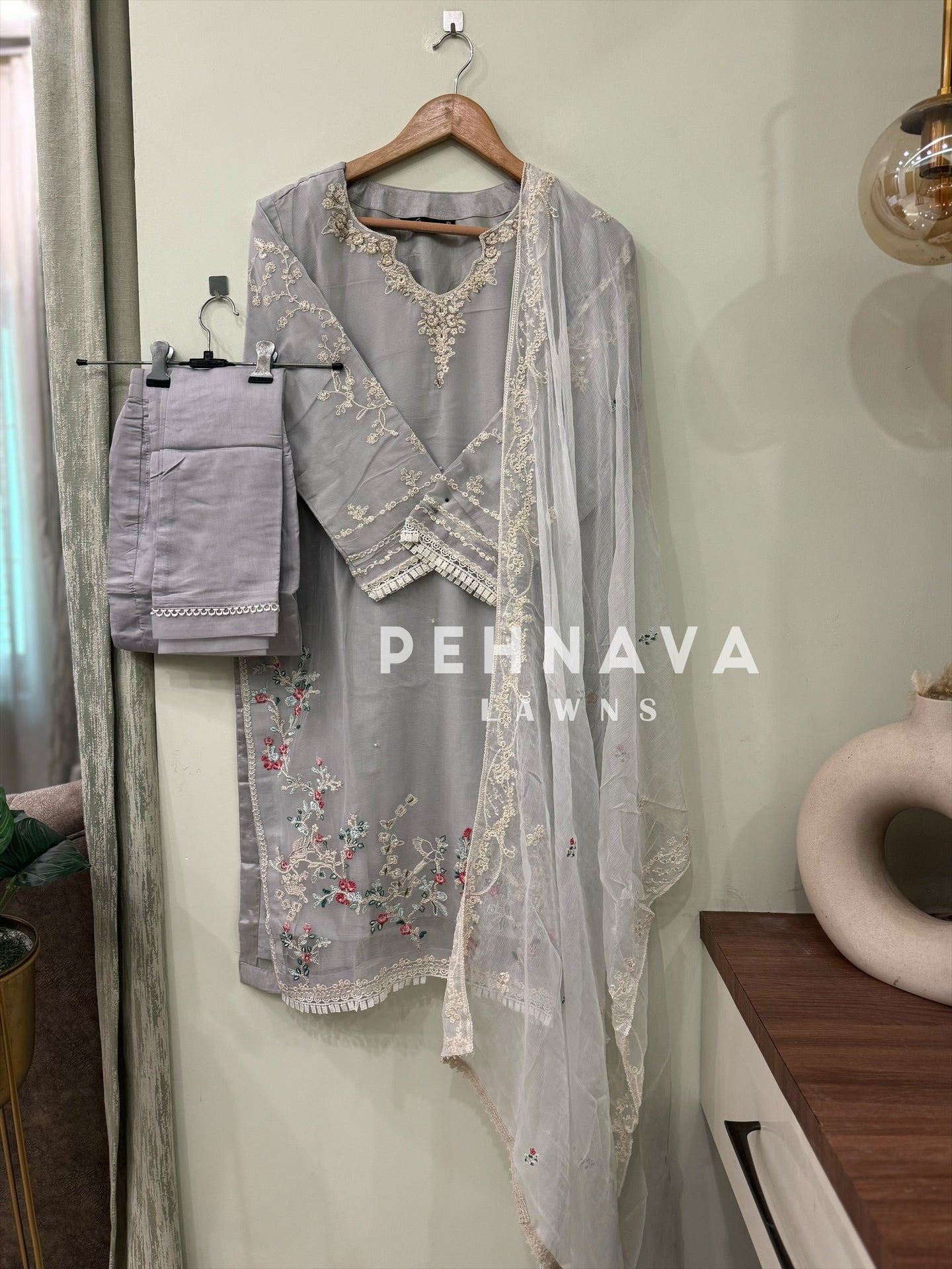 Embroidered chiffon suit with handwork detailing-1223