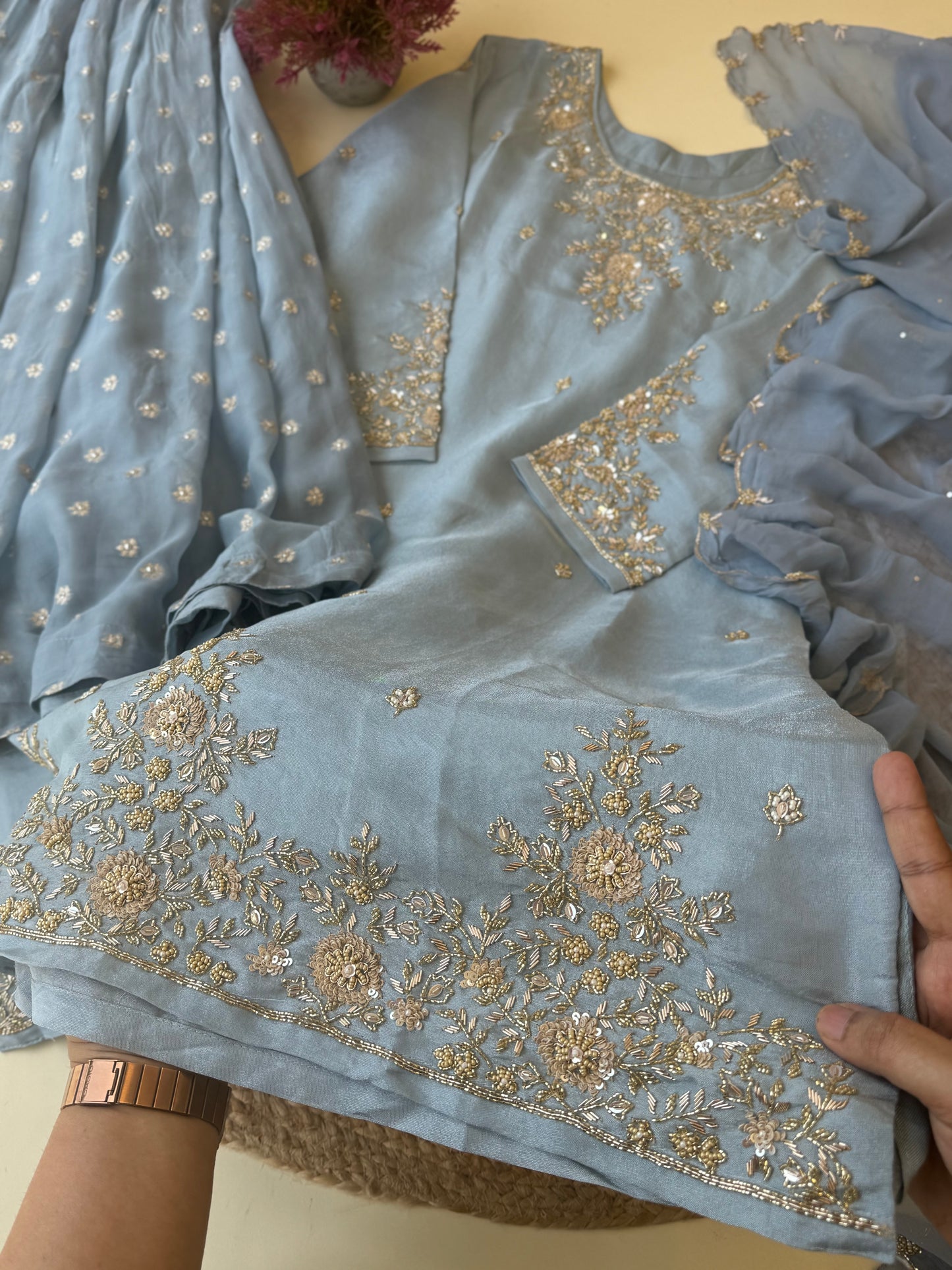 Pure Tissue hand embroidered suit with pure chiffon dupatta-9452