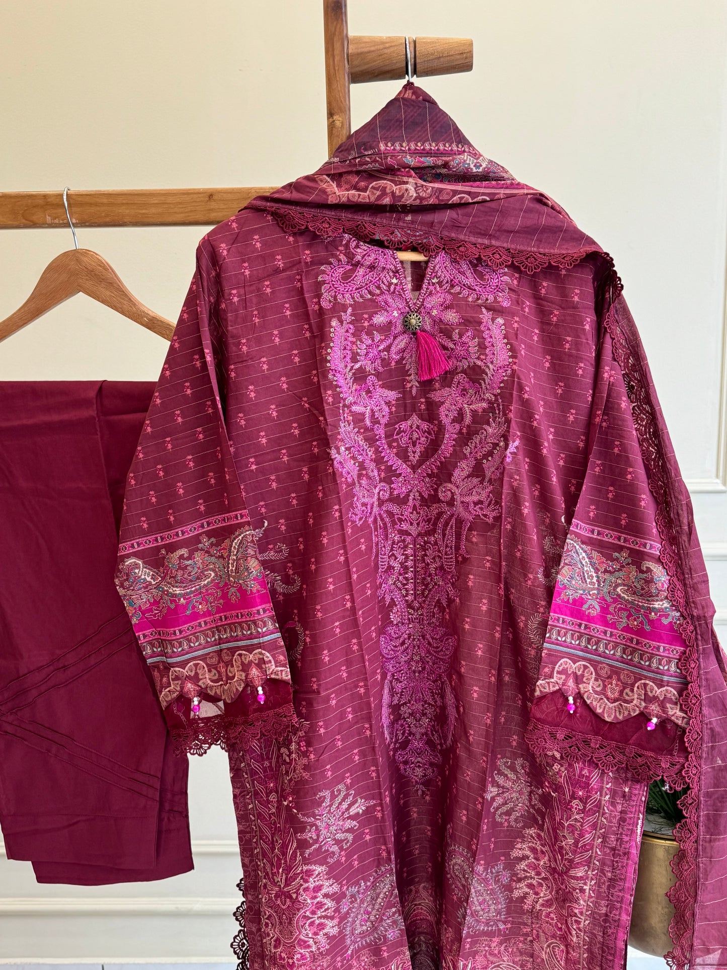 Khaadi Heritage Embroidered Lawn Suit – 3-Piece Premium Collection maroon