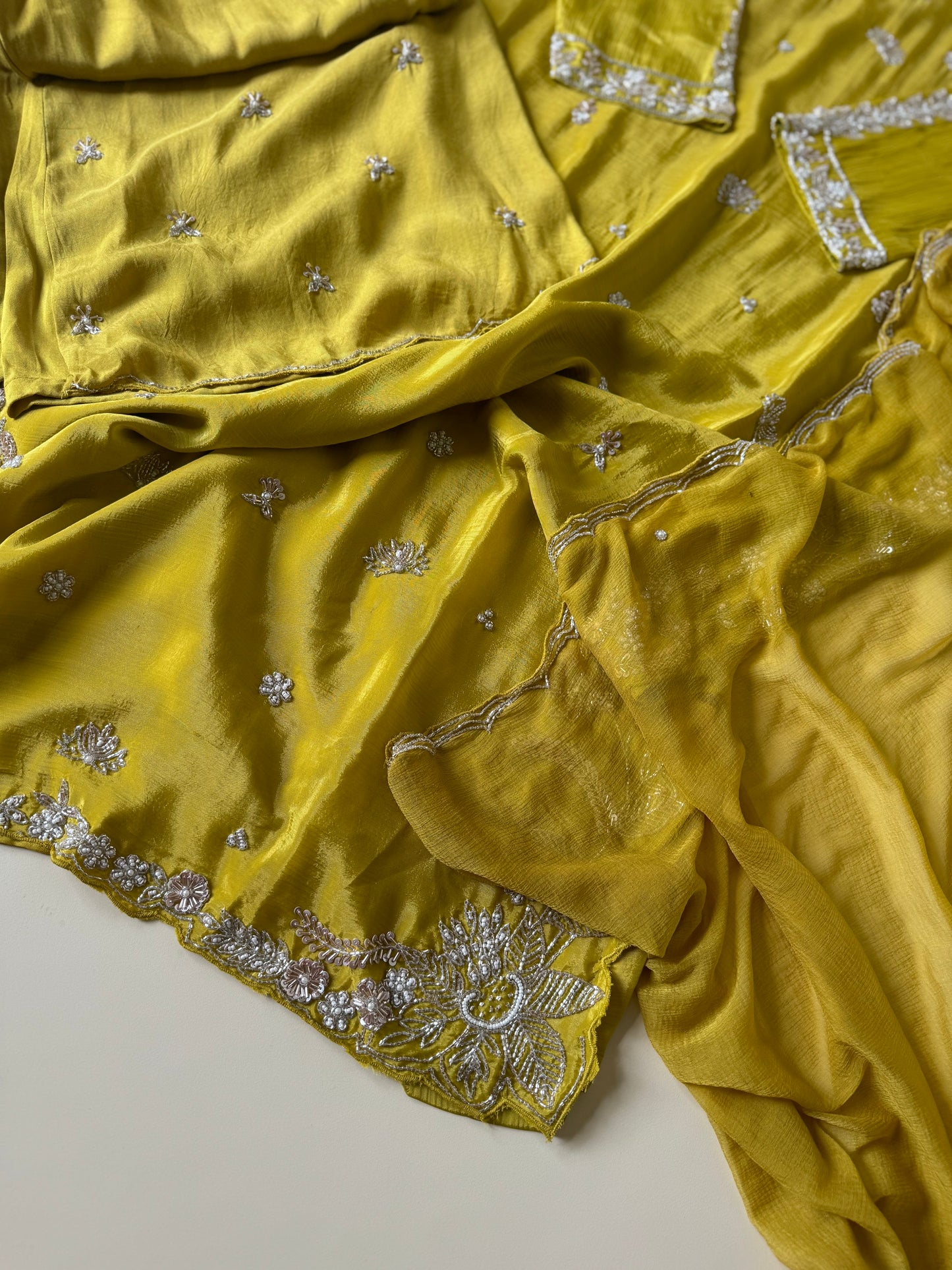 chinnon stitched suit with hand work detailings-yellow