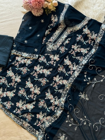 Chiffon embroidered party wear -navy blue