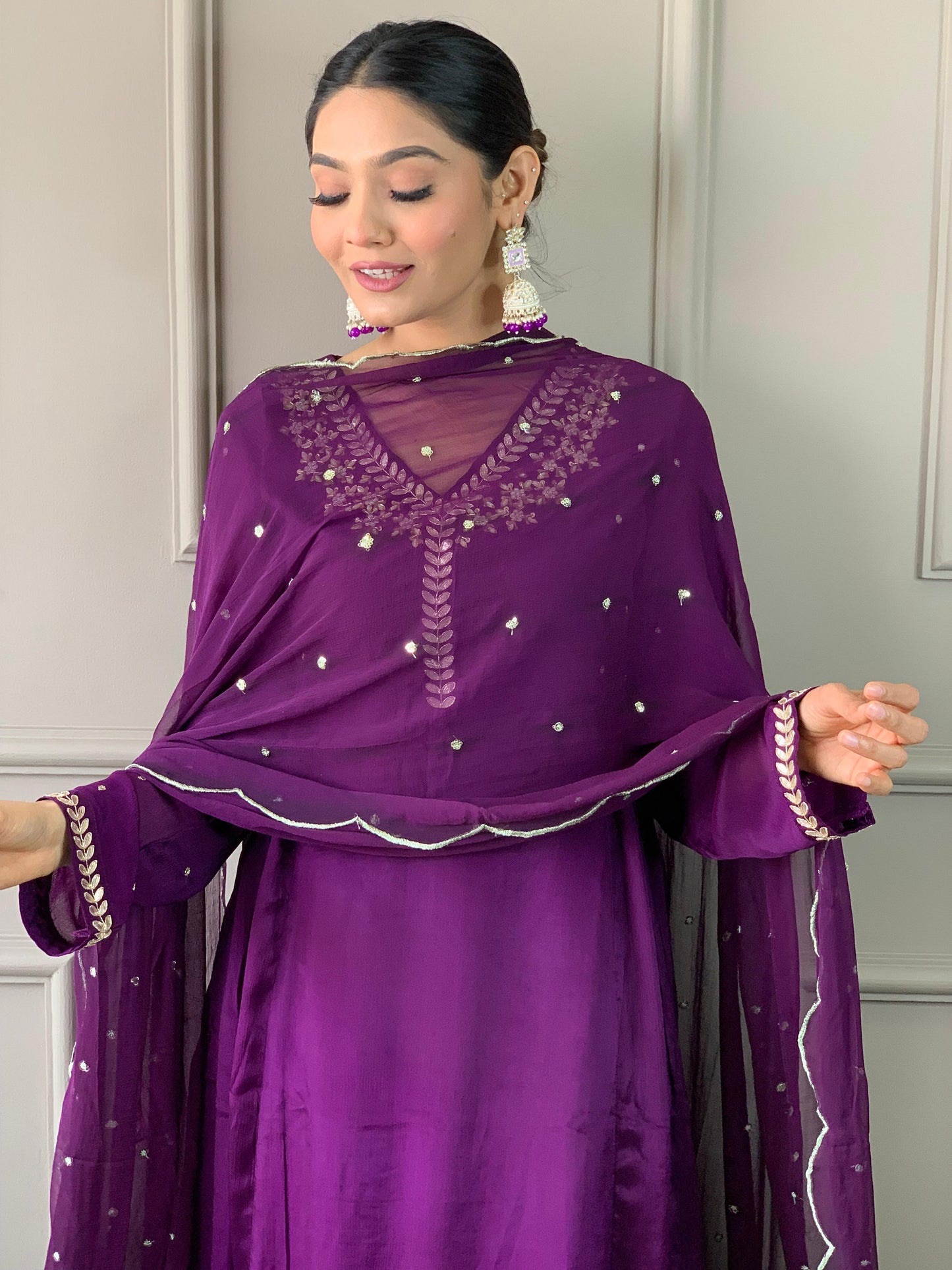 Pure chinnon stitched suit with neck detailing-purple