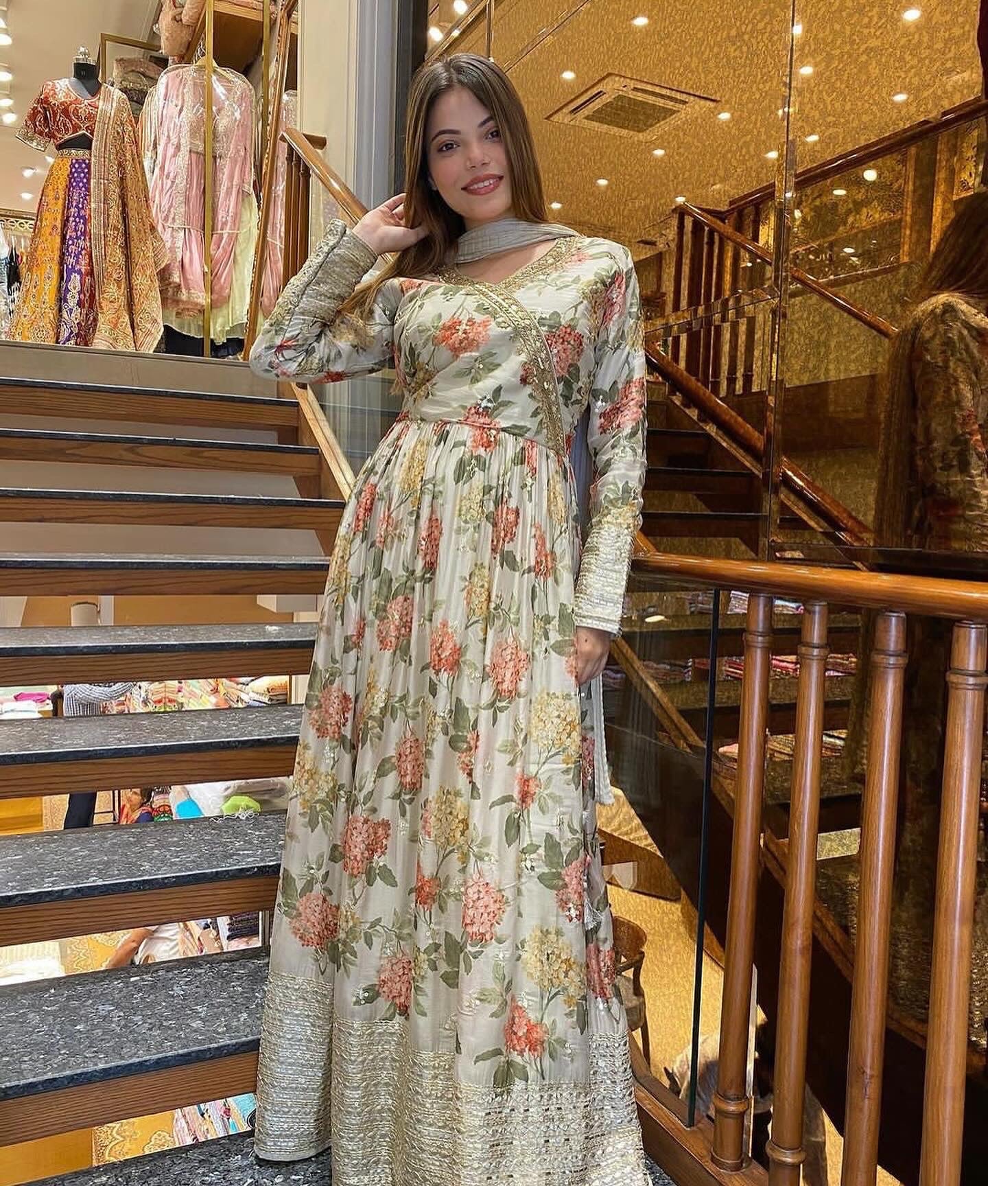 Chiffon floral embroidered party wear gown