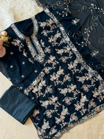 Chiffon embroidered party wear -navy blue