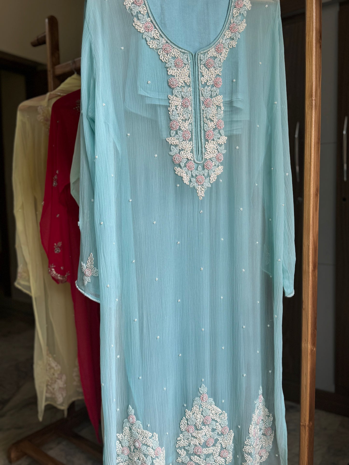 Premium chiffon handwork semi-stitched suit-blue