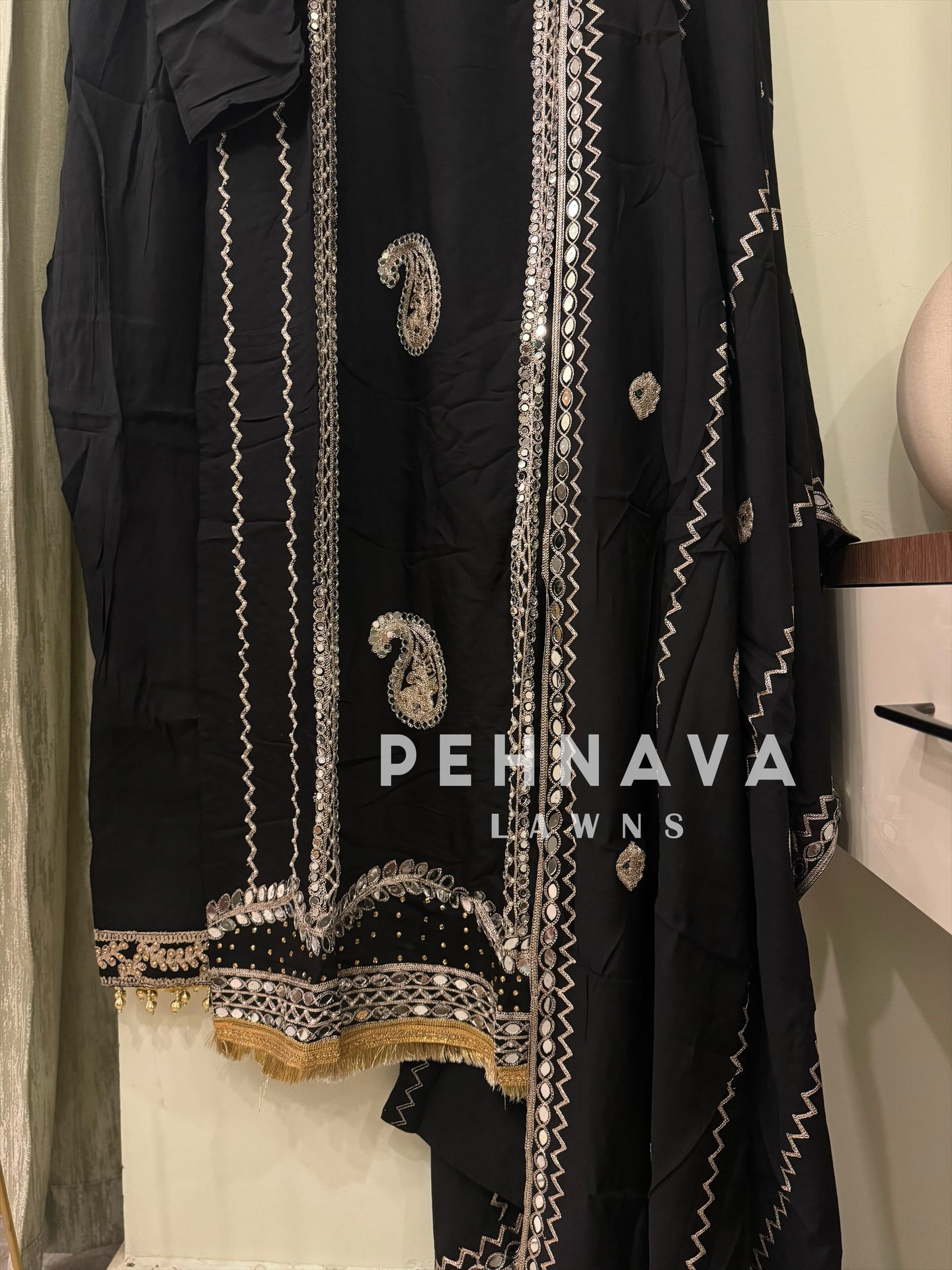 Designer roman silk real mirror work pakistani suit