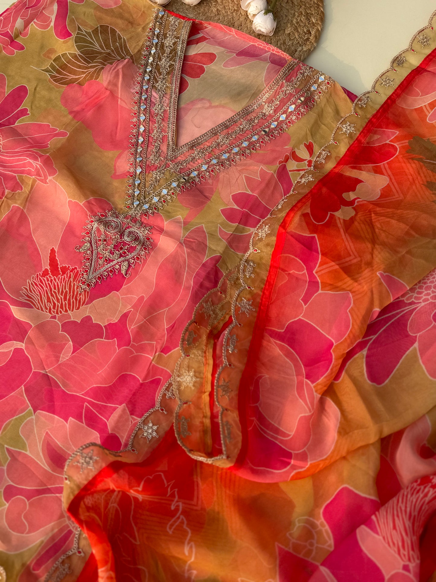 pure organza suit and scalloped dupatta