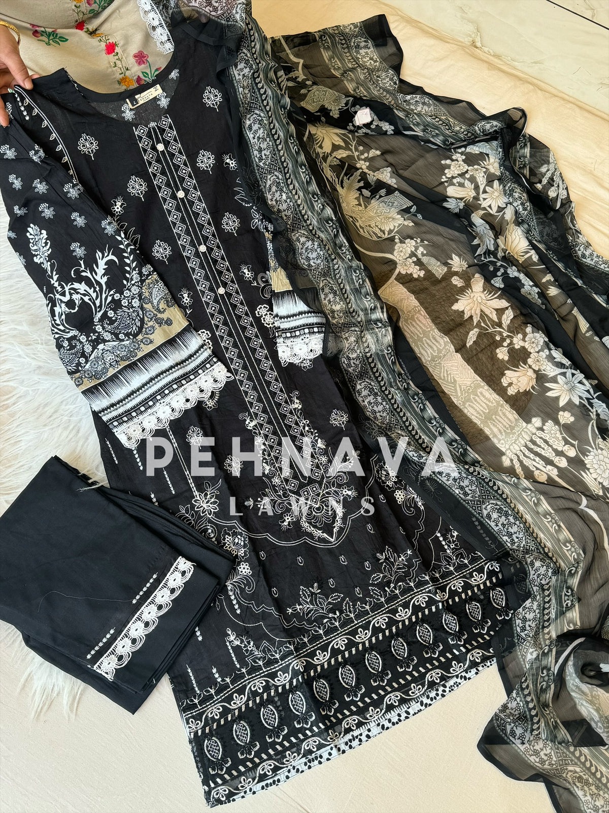 Cotton embroidered with chiffon Dupatta -3432 Black