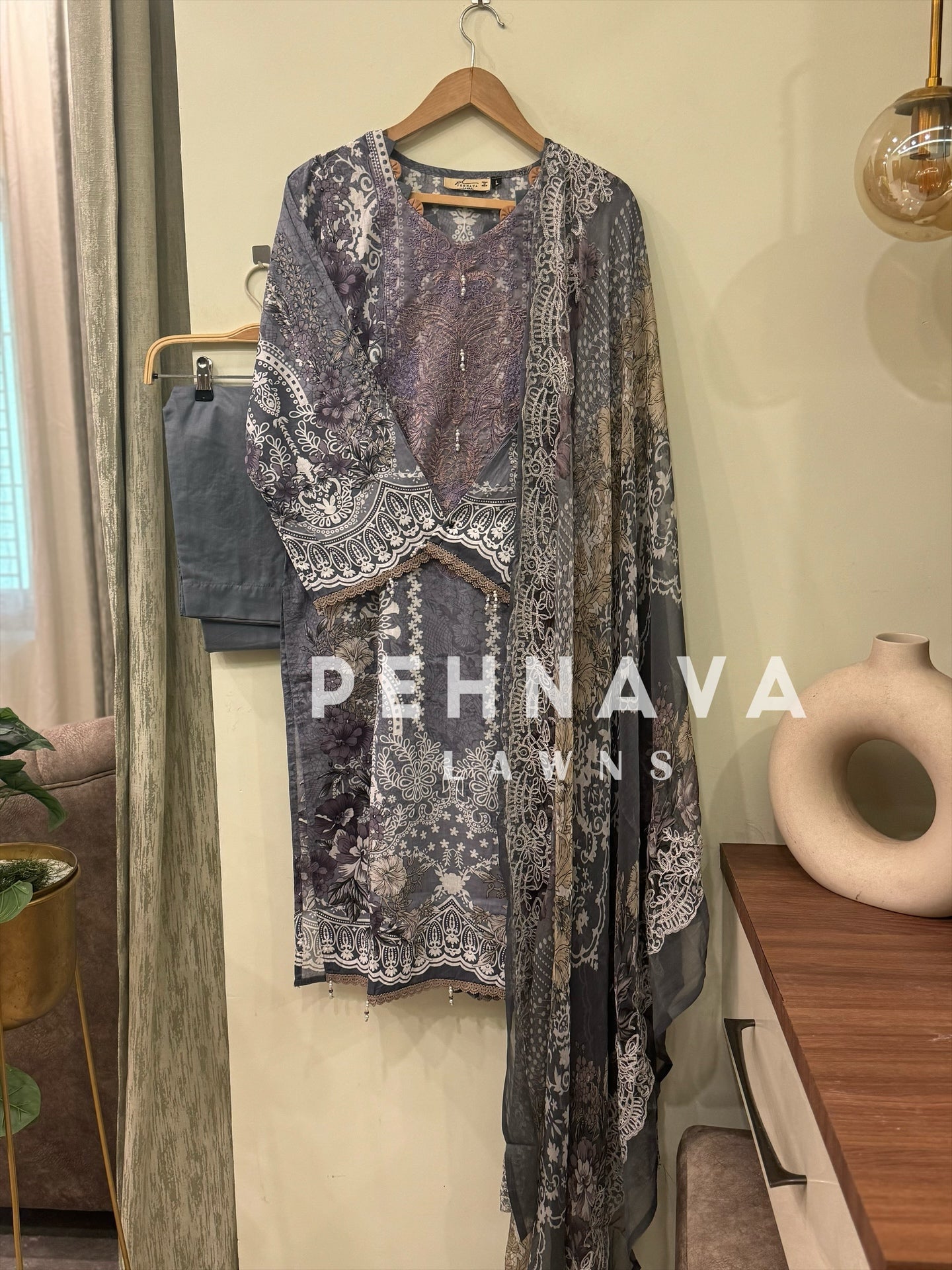 Printed casual suit with chiffon embroidered dupatta-7041