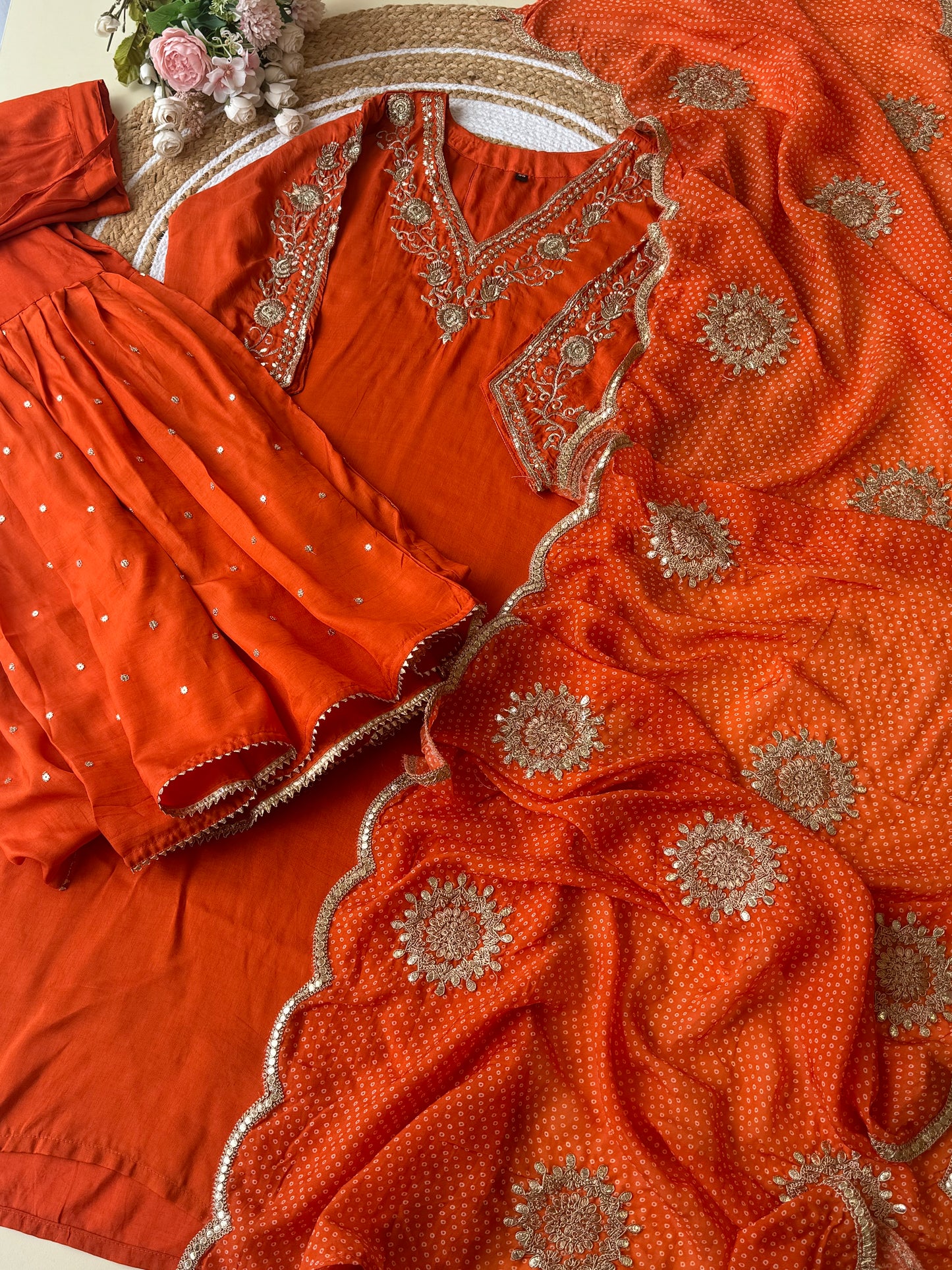 Rust orange silk suit with sharara and embroidered dupatta-4194