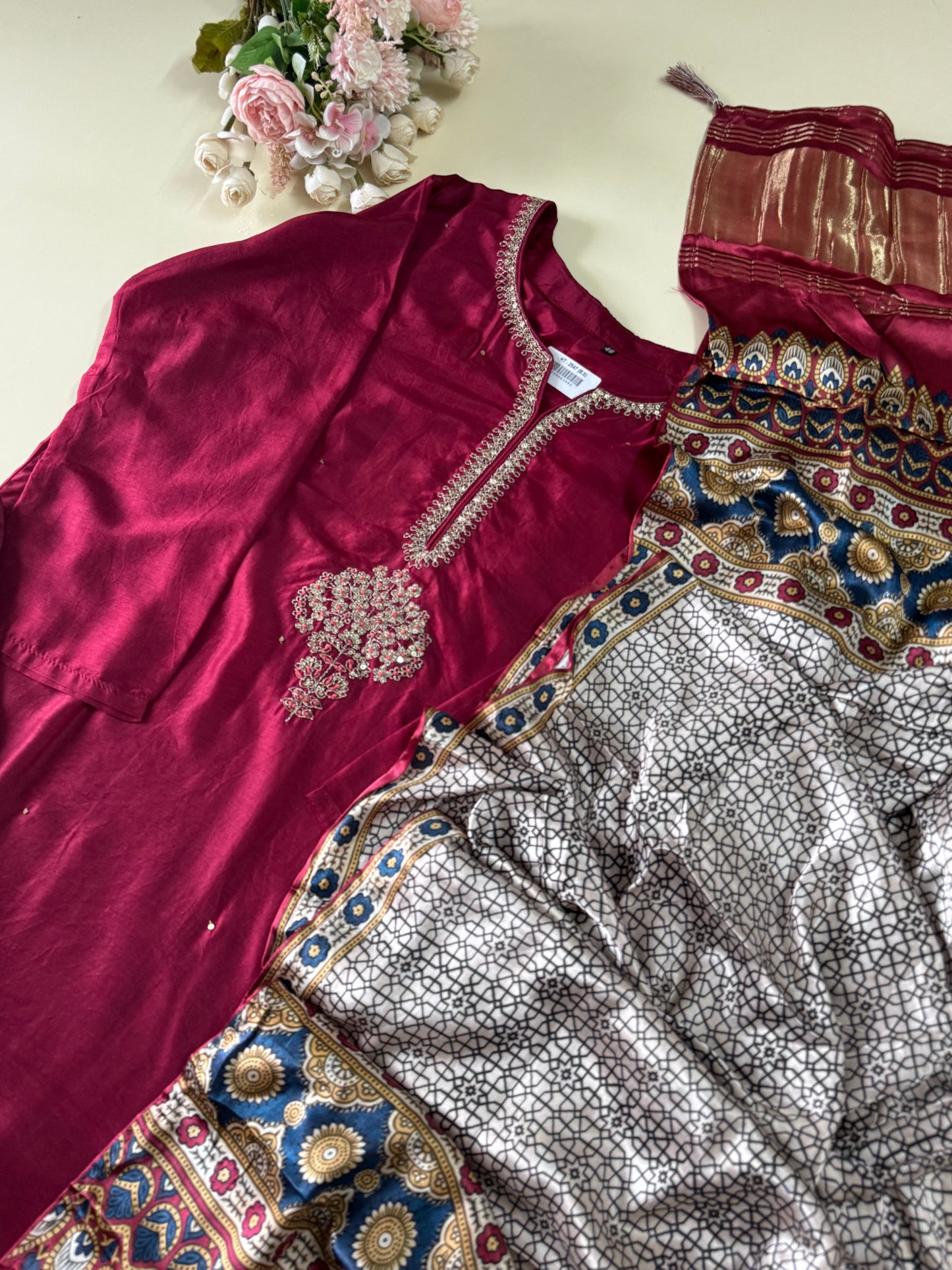 Plus size stitched suit with modal dupatta -Maroon