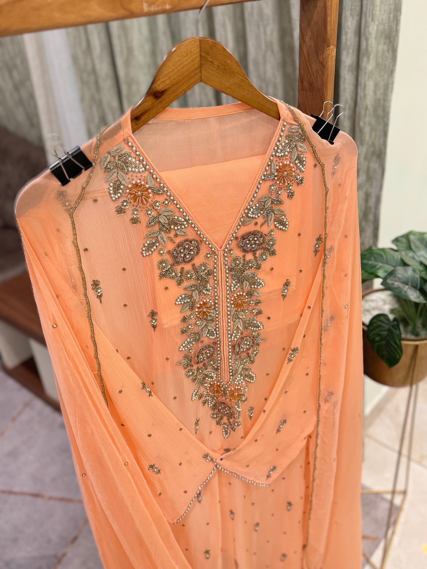 Premium Chiffon handwork suit with  bottom and chiffon scalloped dupatta