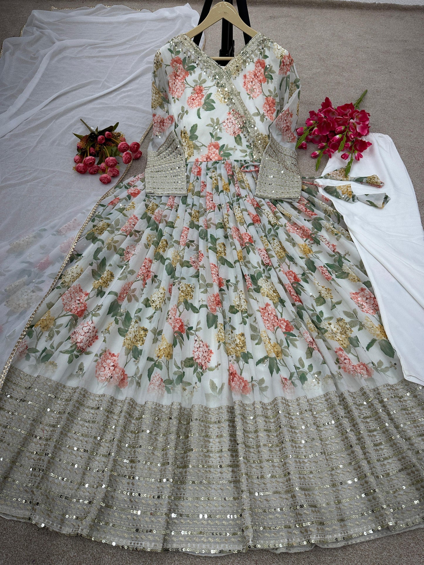 Chiffon floral embroidered party wear gown