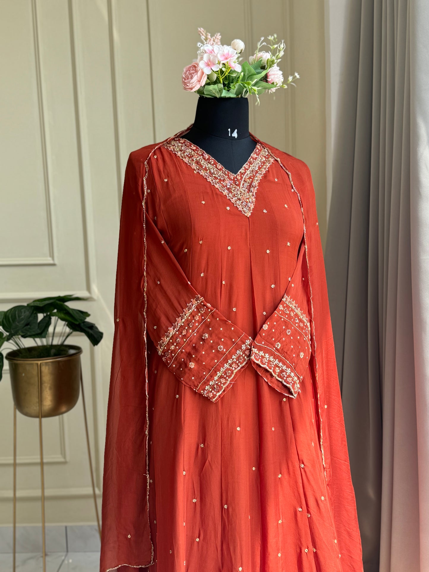 Rust organza Gown with organza scalloped dupatta