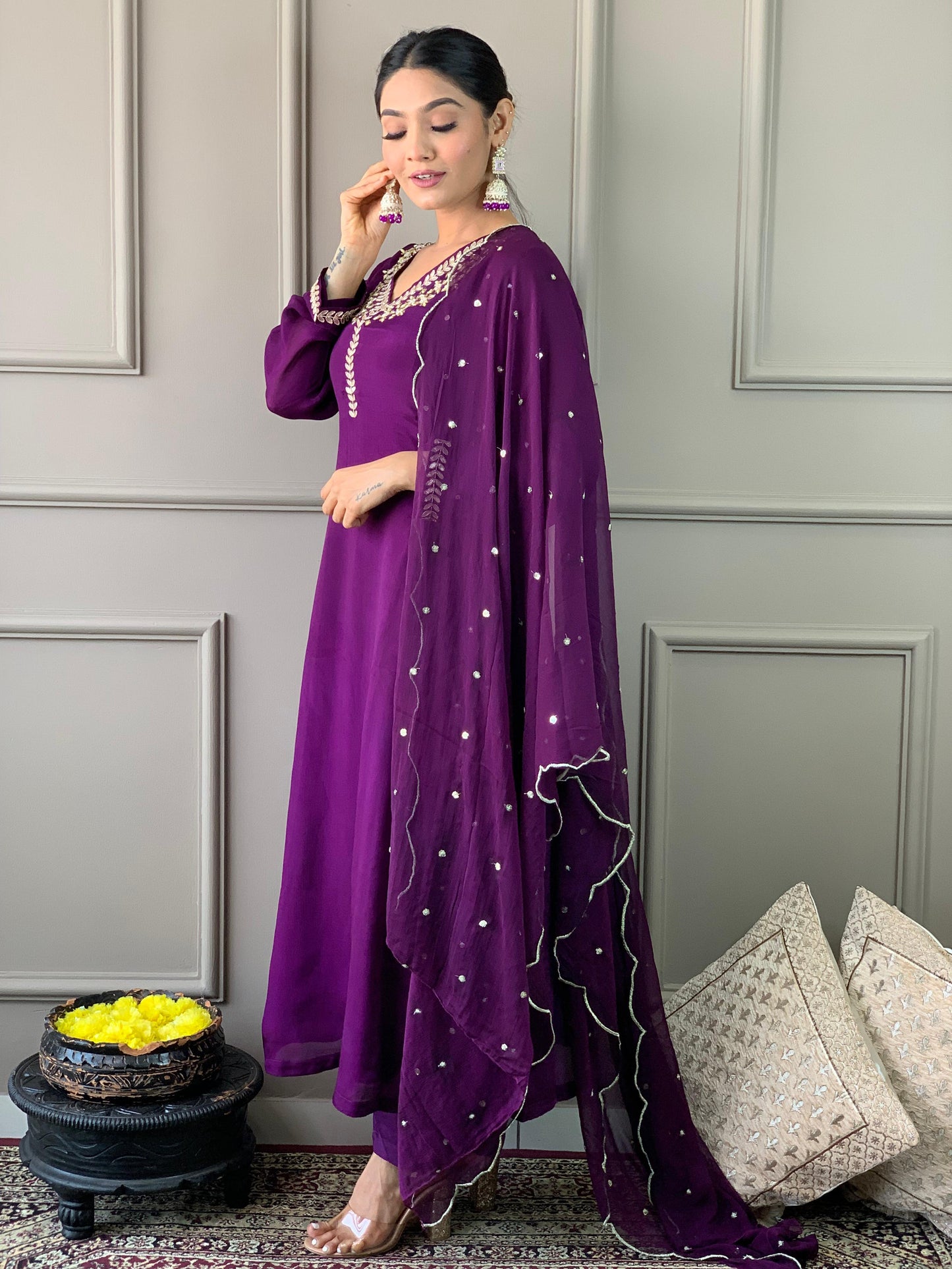 Pure chinnon stitched suit with neck detailing-purple