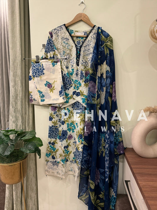 Printed casual suit with chiffon dupatta-3418