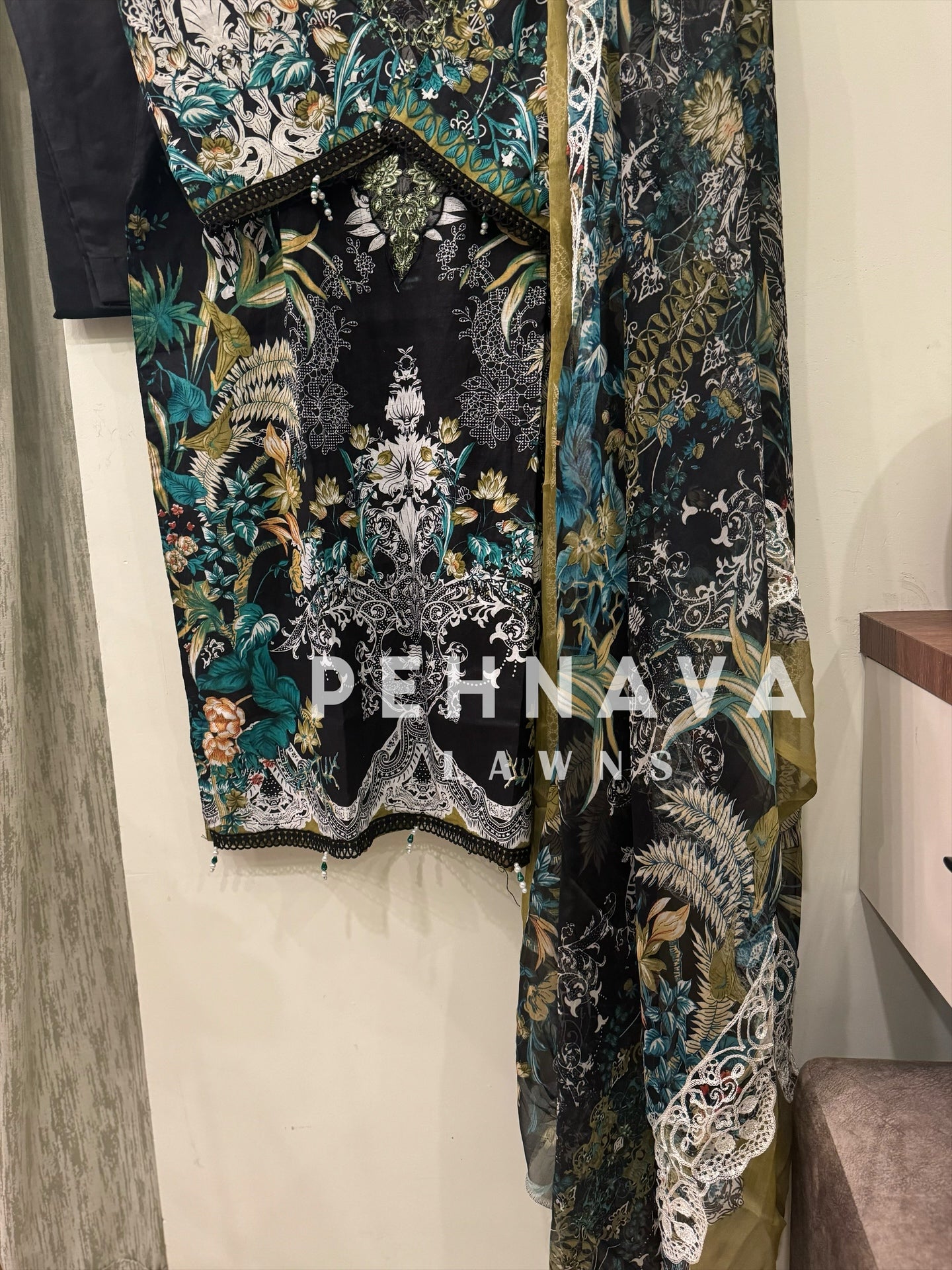 Printed casual suit with chiffon embroidered dupatta-7045