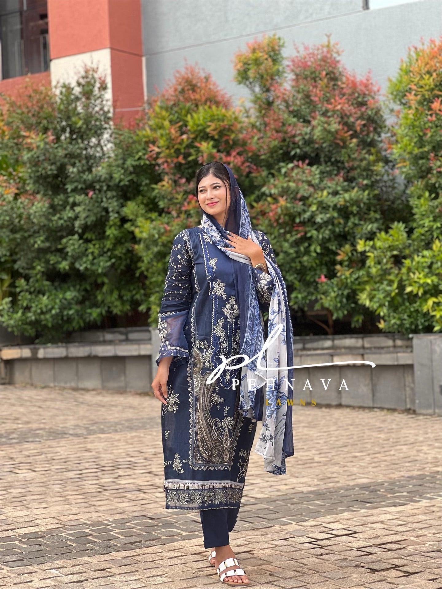 Stitched Navy blue Printed casual suit with chiffon dupatta -496