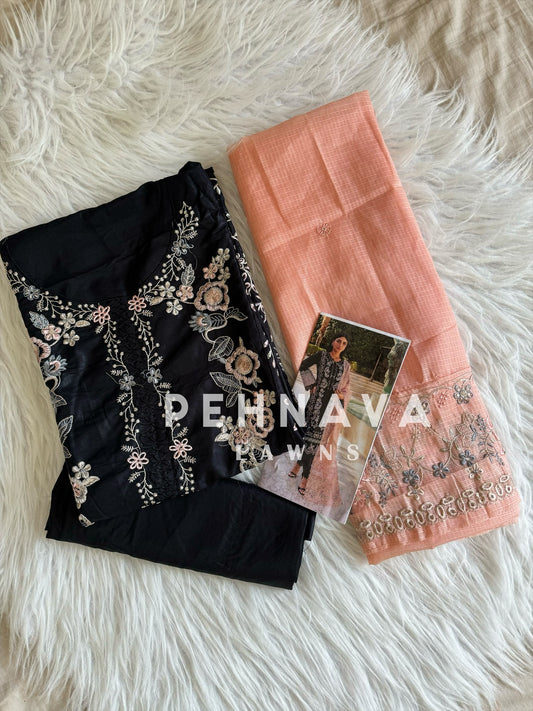 Black and peach combination rayon semi stitched suit