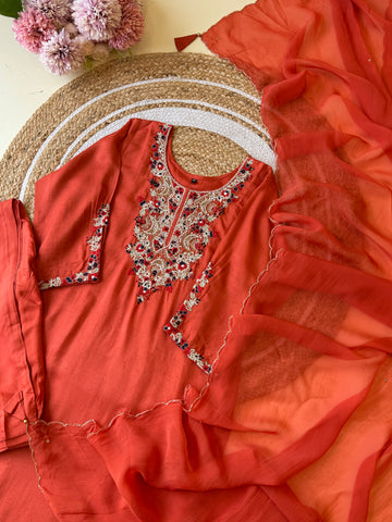 Premium russian silk handworked suit-rust orange