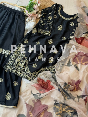 Chinnon embroidered suit with sharara and painted pattern dupatta