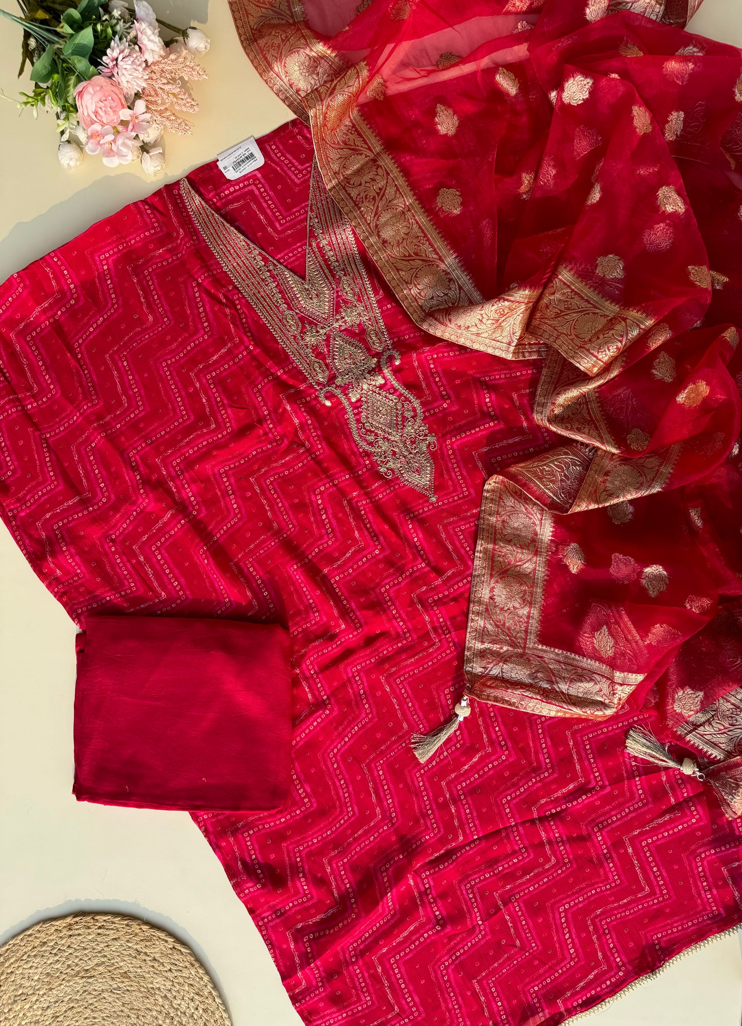 Pure chinnon semi stitched suit with banarsi woven dupatta