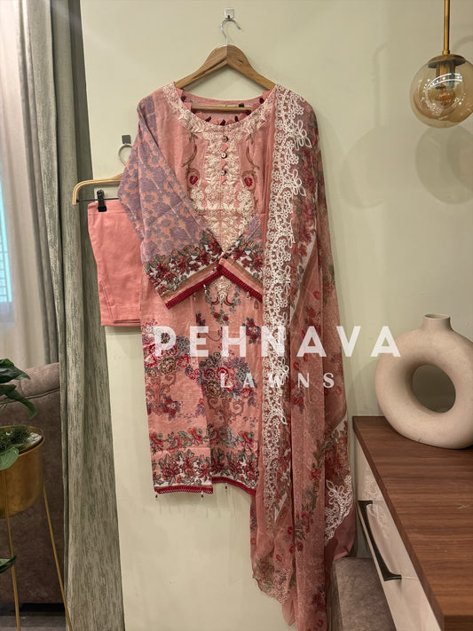 Printed casual suit with chiffon embroidered dupatta-7046