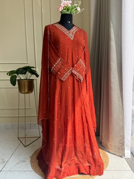 Rust organza Gown with organza scalloped dupatta