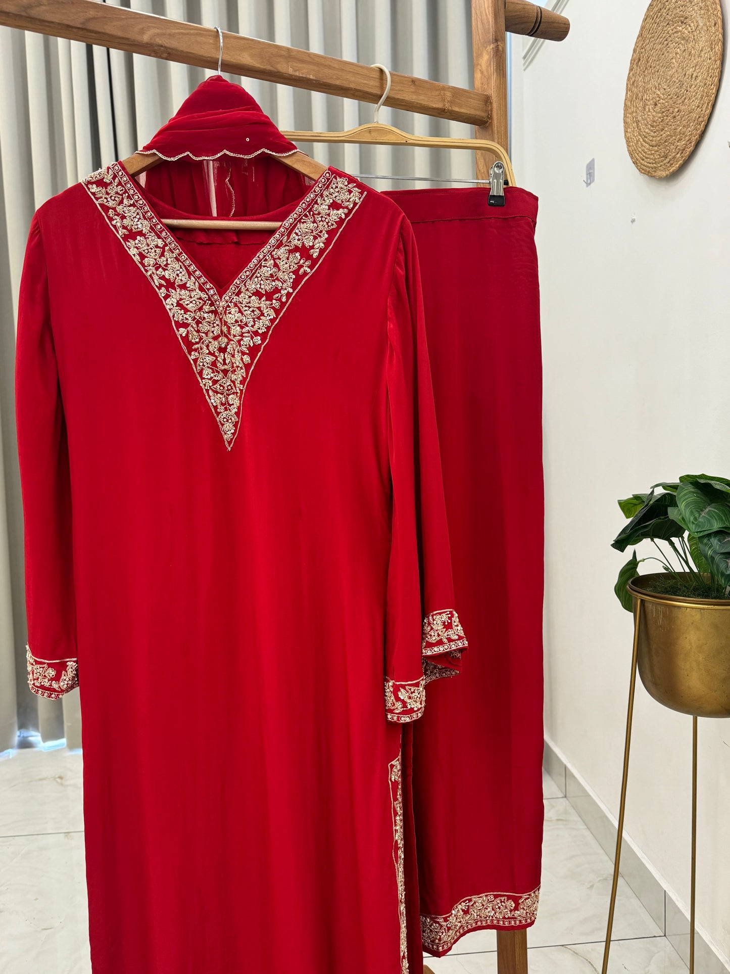 Pure crepe hand embroidered suit with scalloped Dupatta