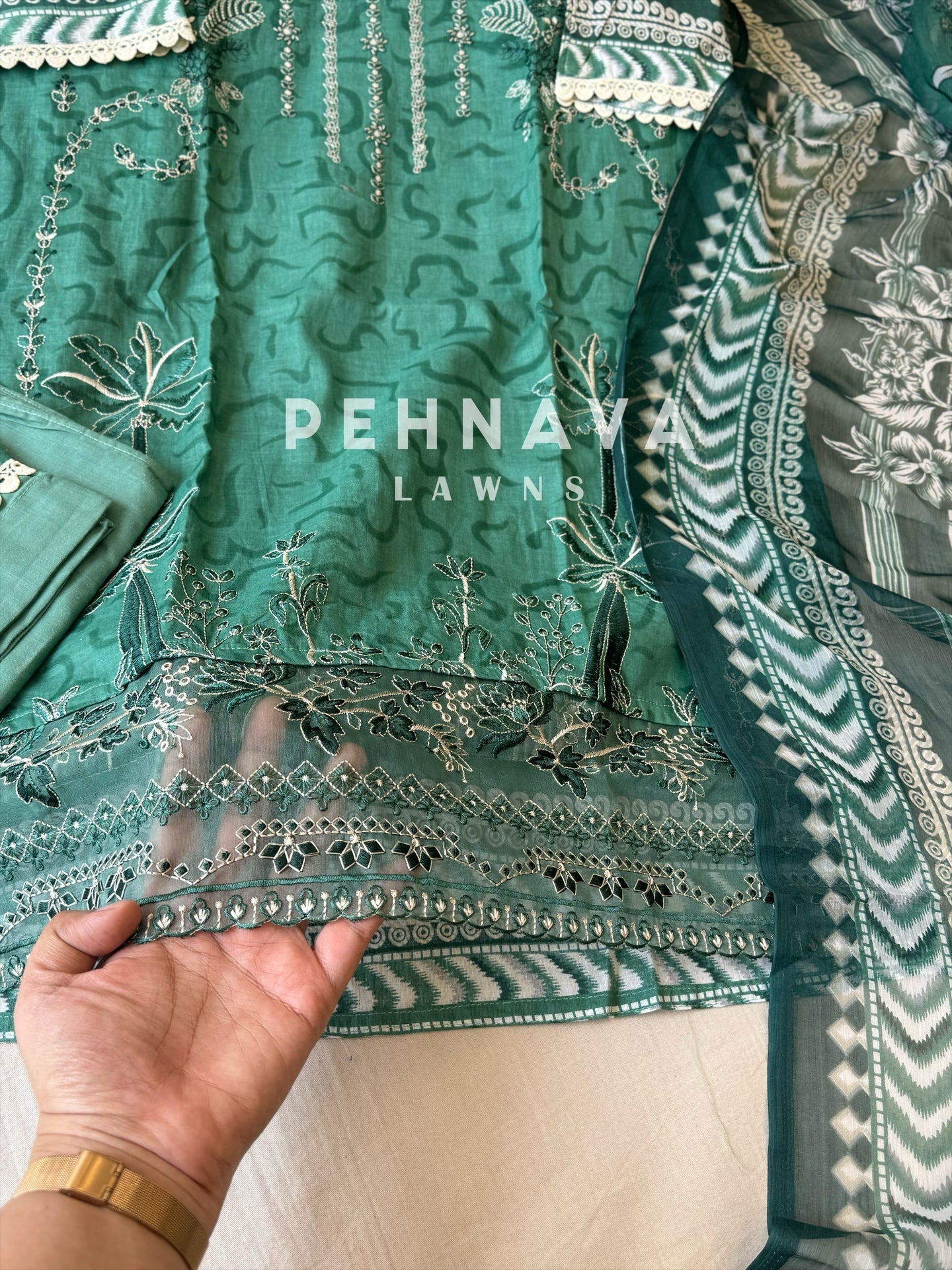 Cotton embroidered with chiffon Dupatta -3433 green