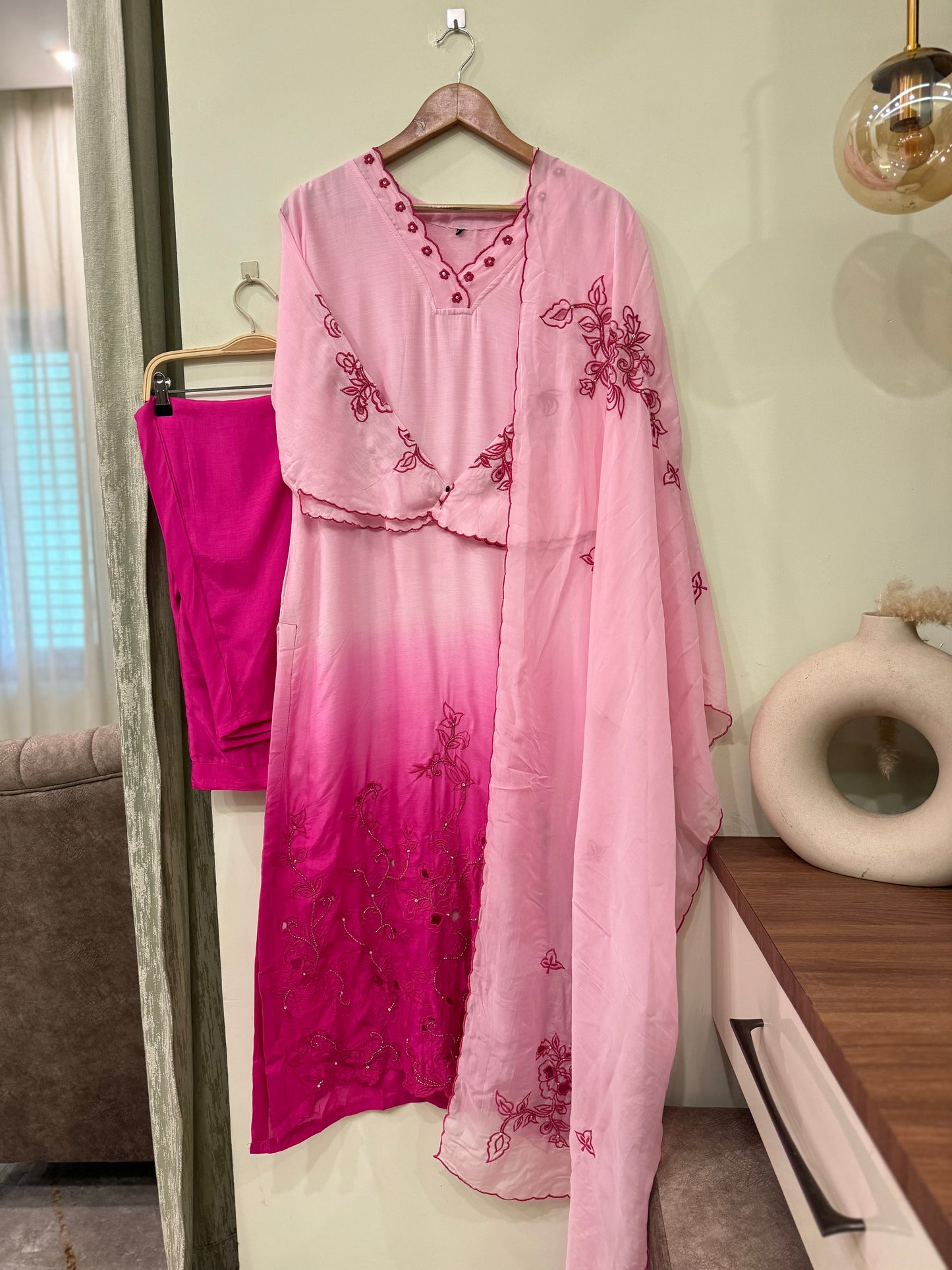 Pure muslin ombre cutwork embroidered suit-pink