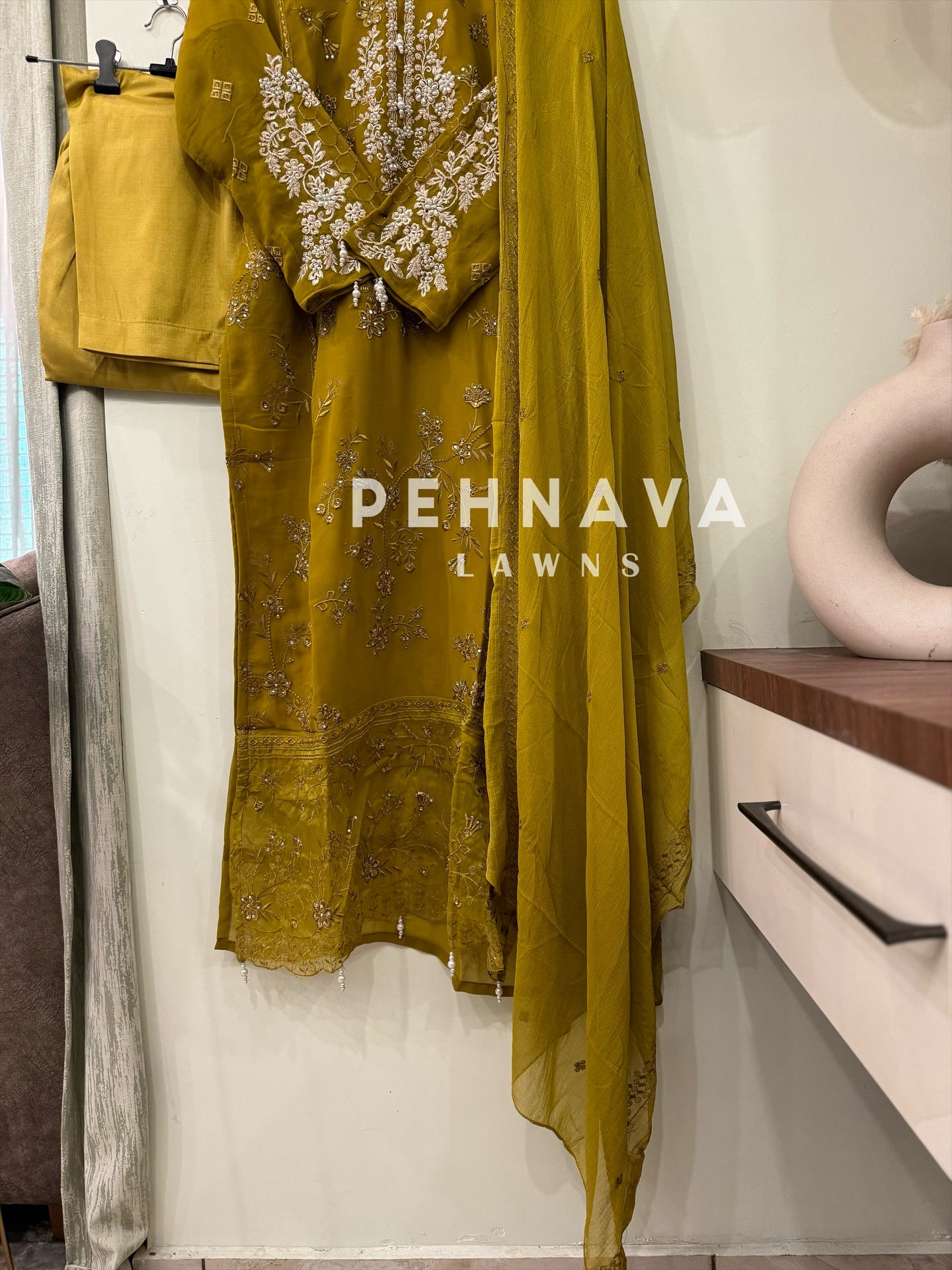 Georgette embroidered party wear -meroon,mustard yellow