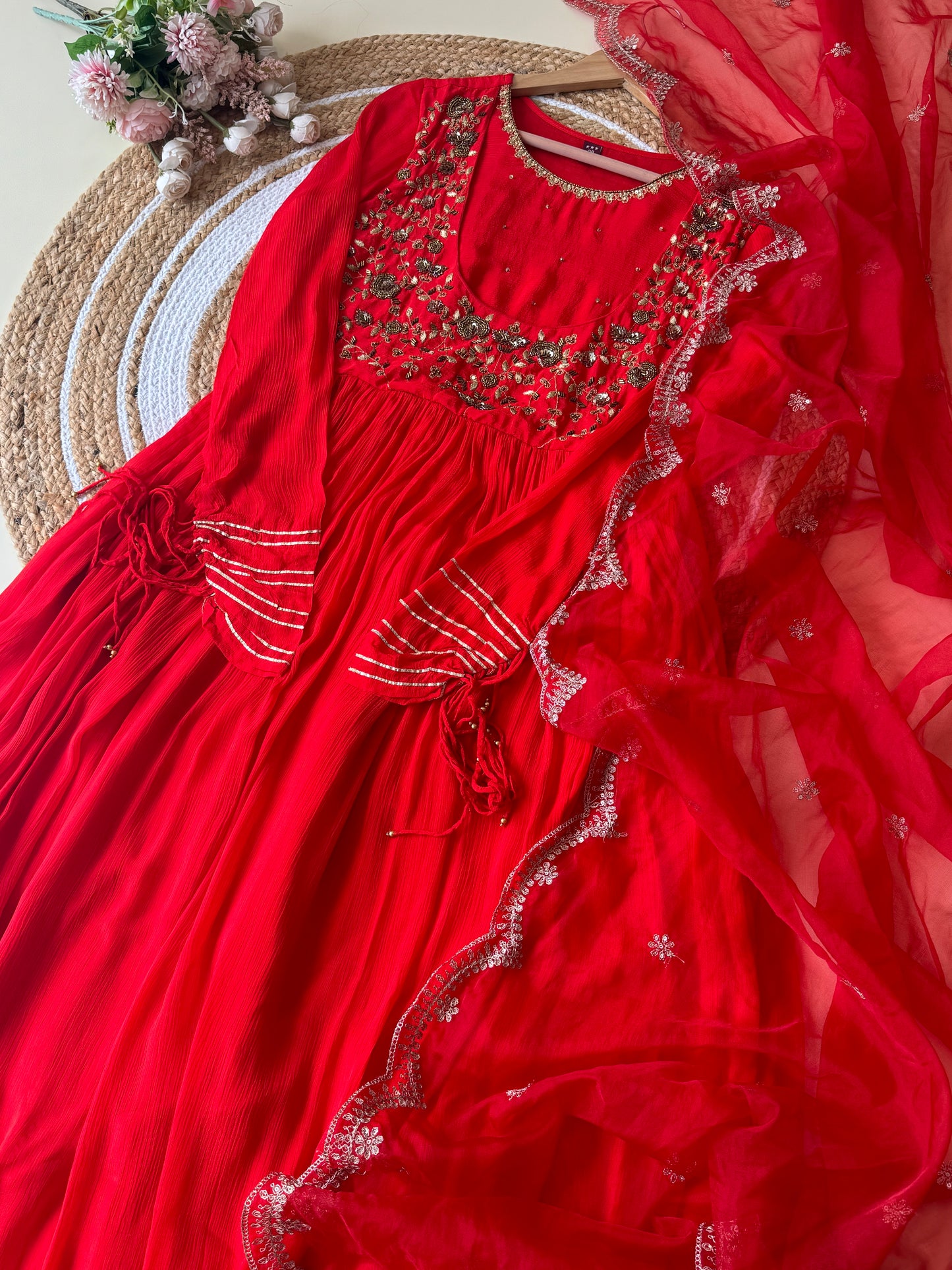 Red anarkali gown with organza scalloped dupatta -4219