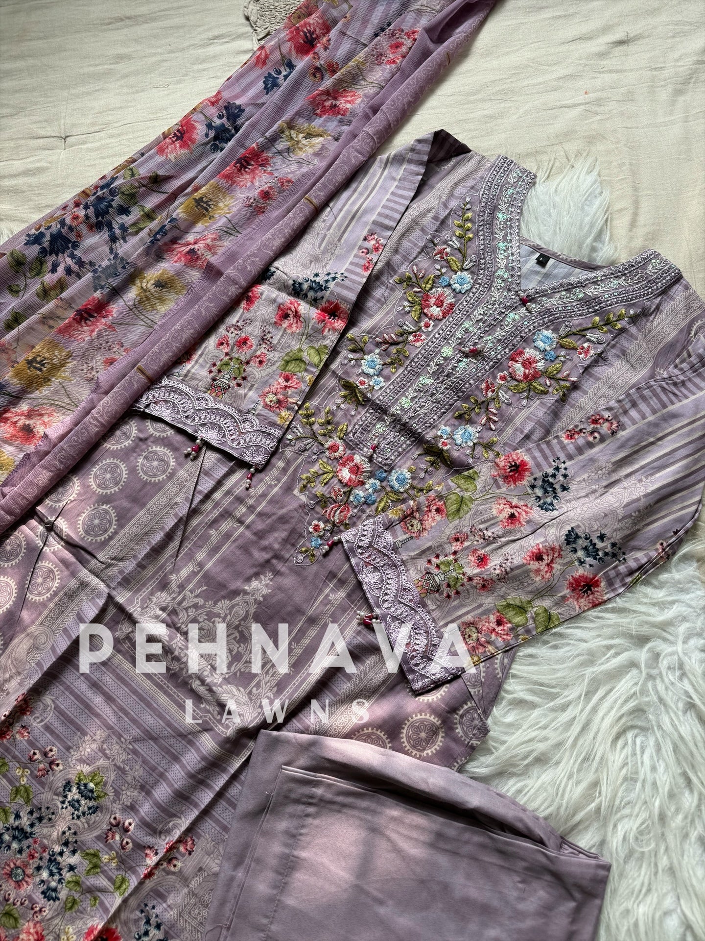 Paki printed suit with embroidered patches -1001